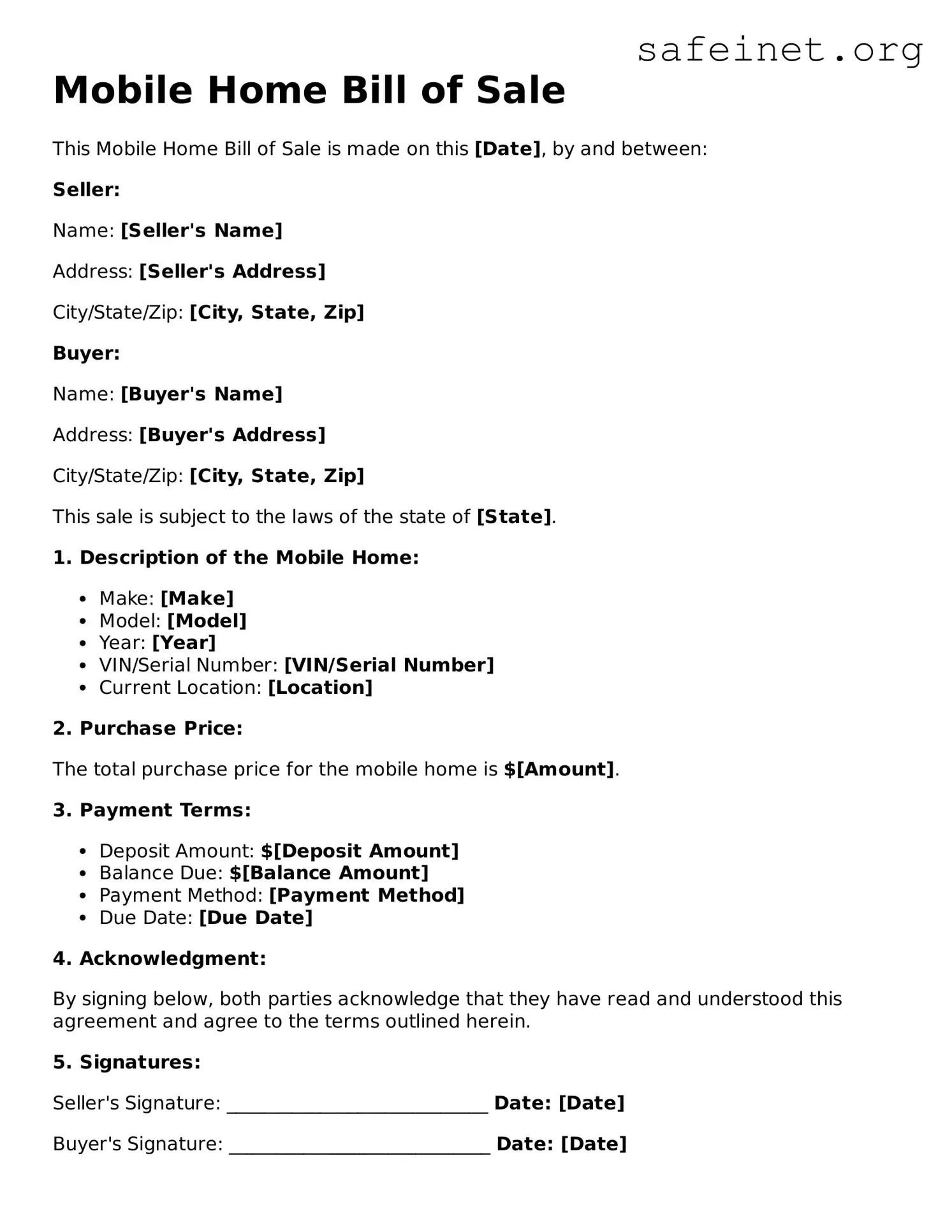 Official Mobile Home Bill of Sale Document