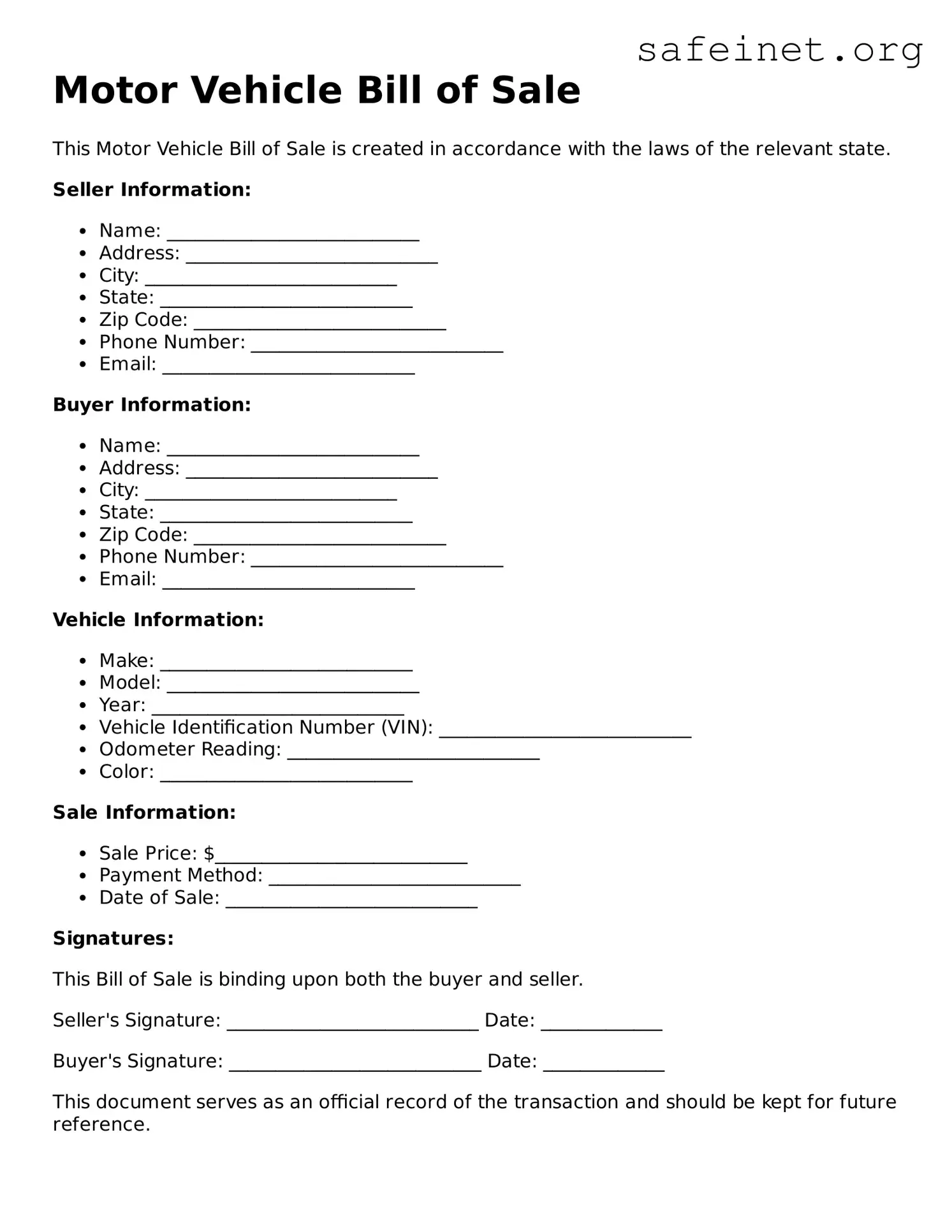 Official Motor Vehicle Bill of Sale Document