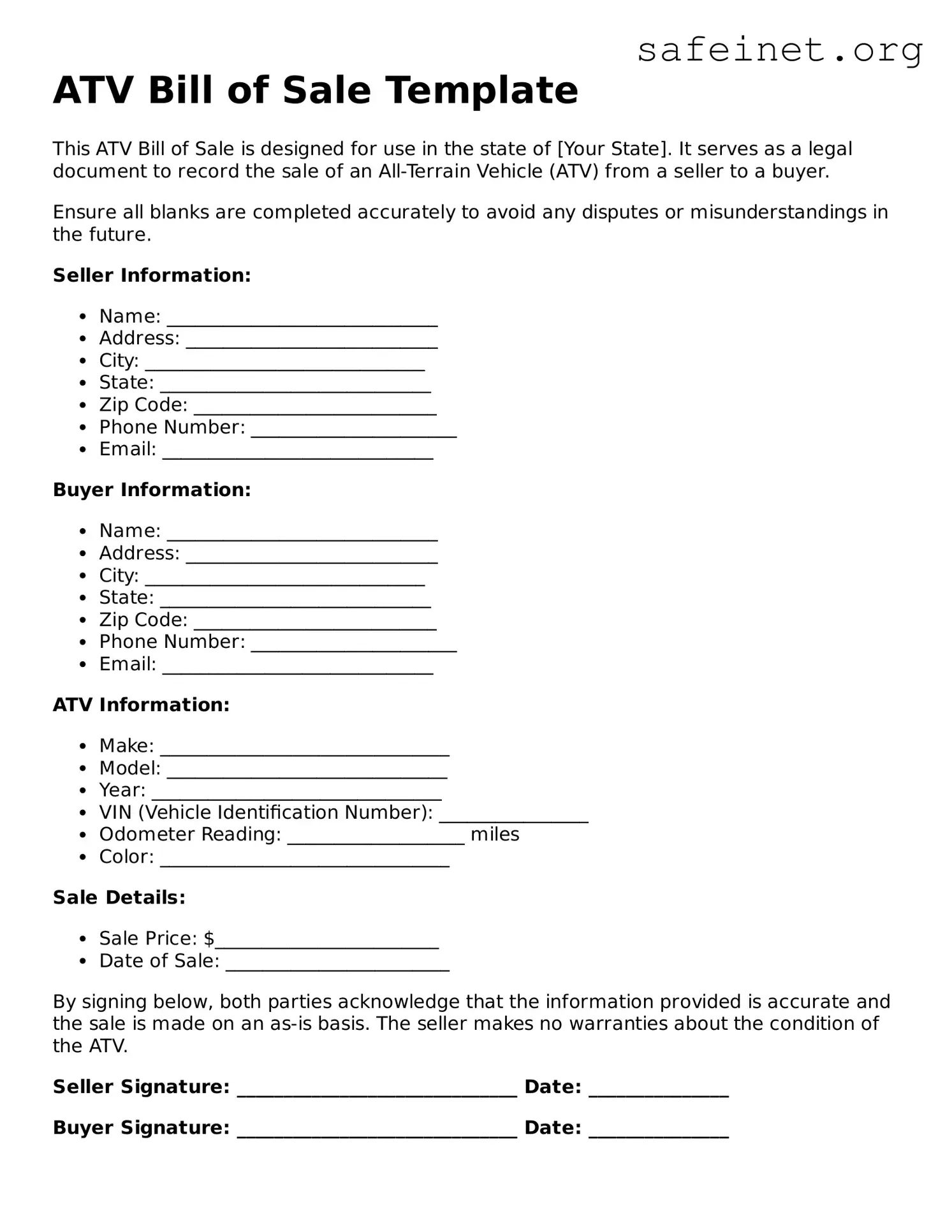 Official ATV Bill of Sale Document