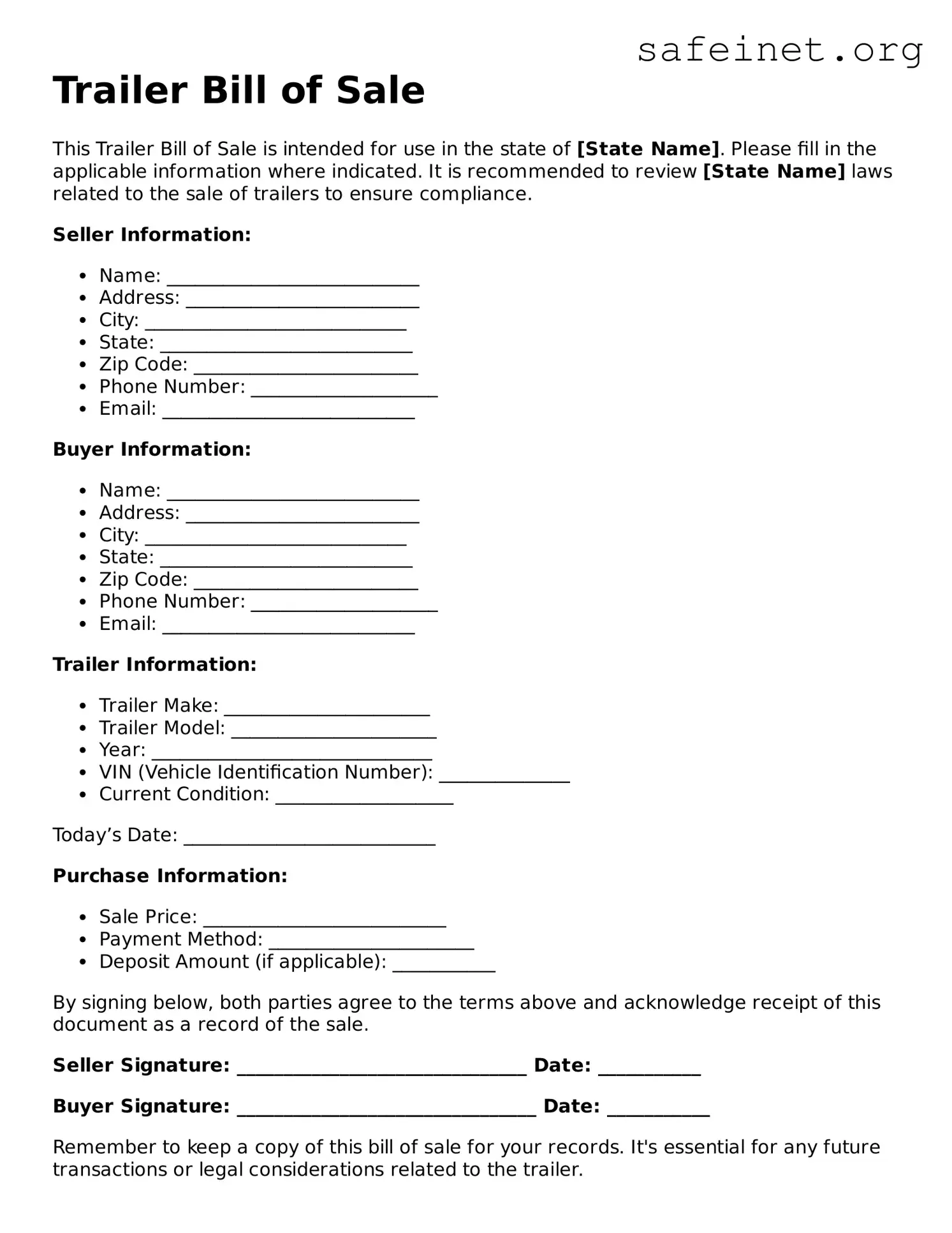 Official Trailer Bill of Sale Document
