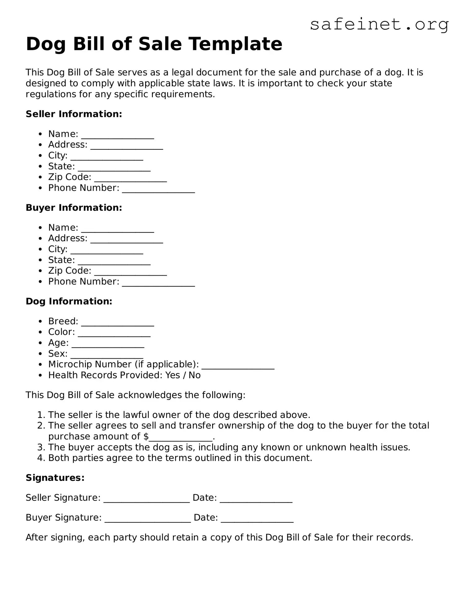 Official Dog Bill of Sale Document
