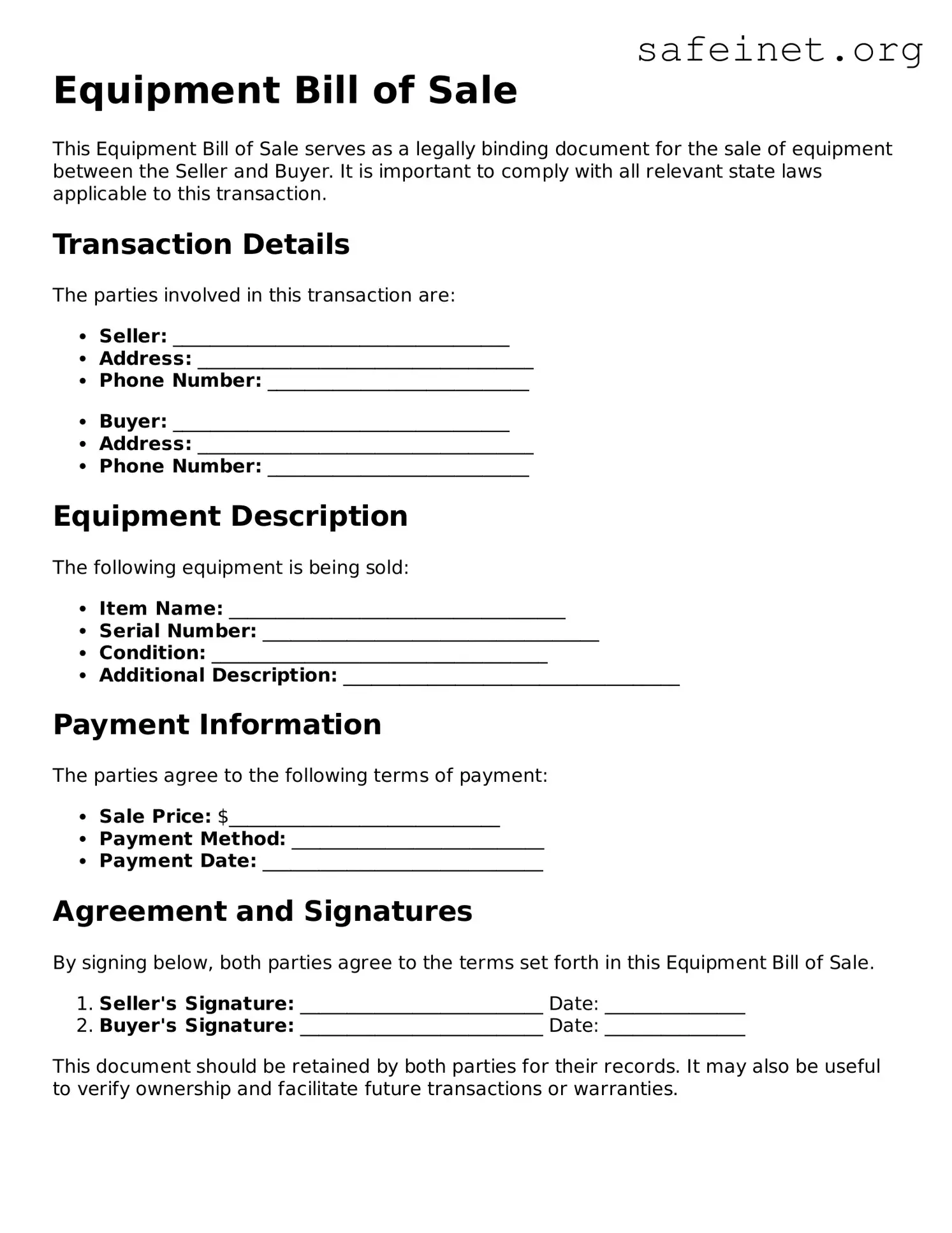 Official Equipment Bill of Sale Document