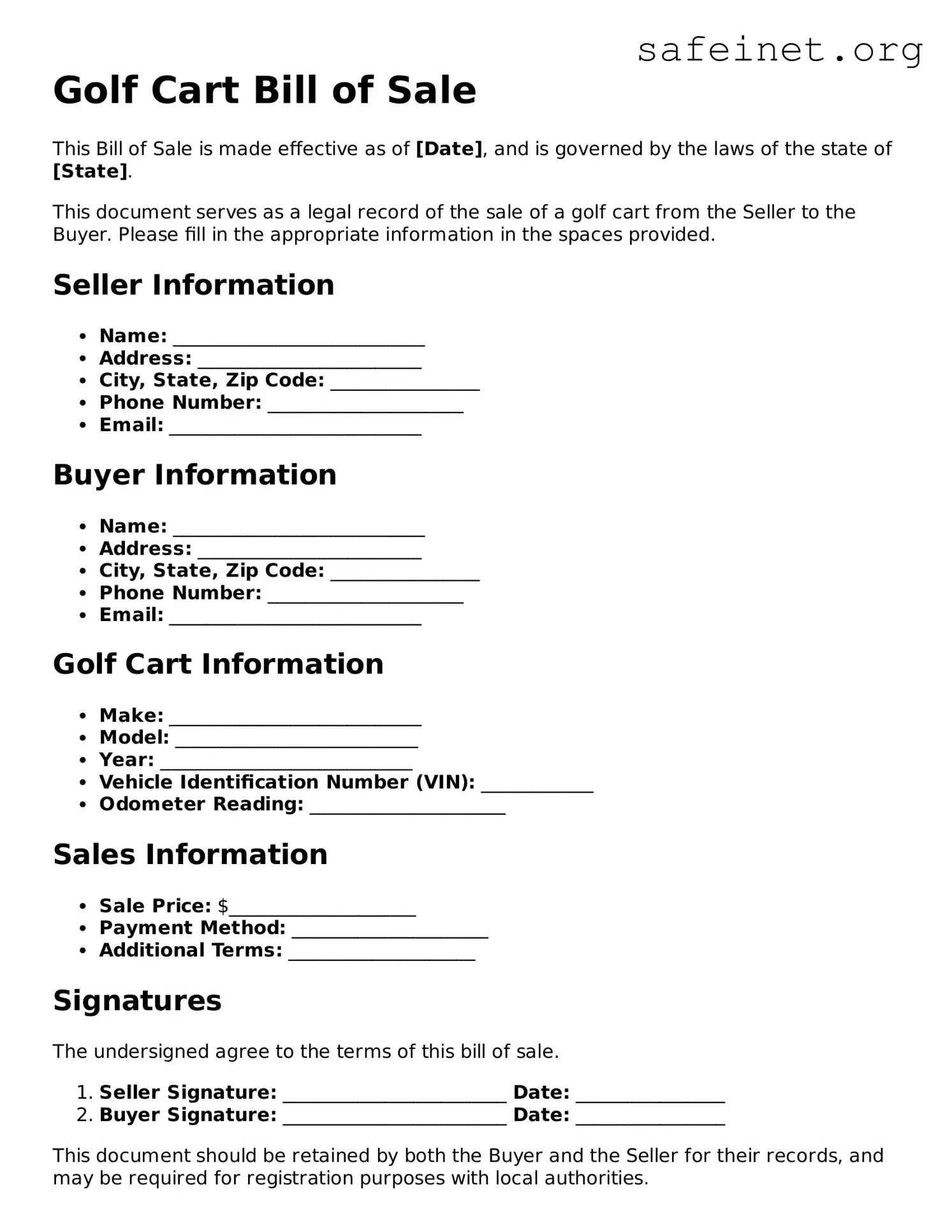 Official Golf Cart Bill of Sale Document