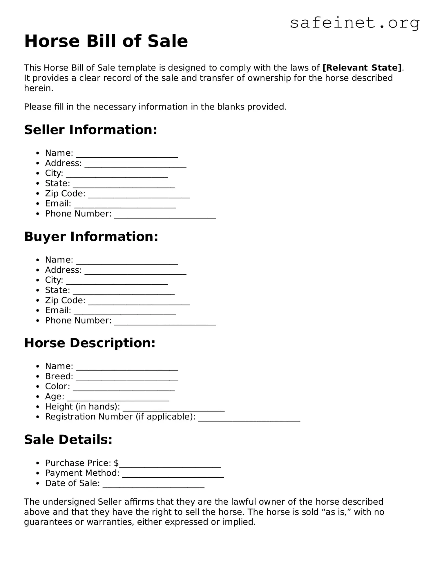Official Horse Bill of Sale Document