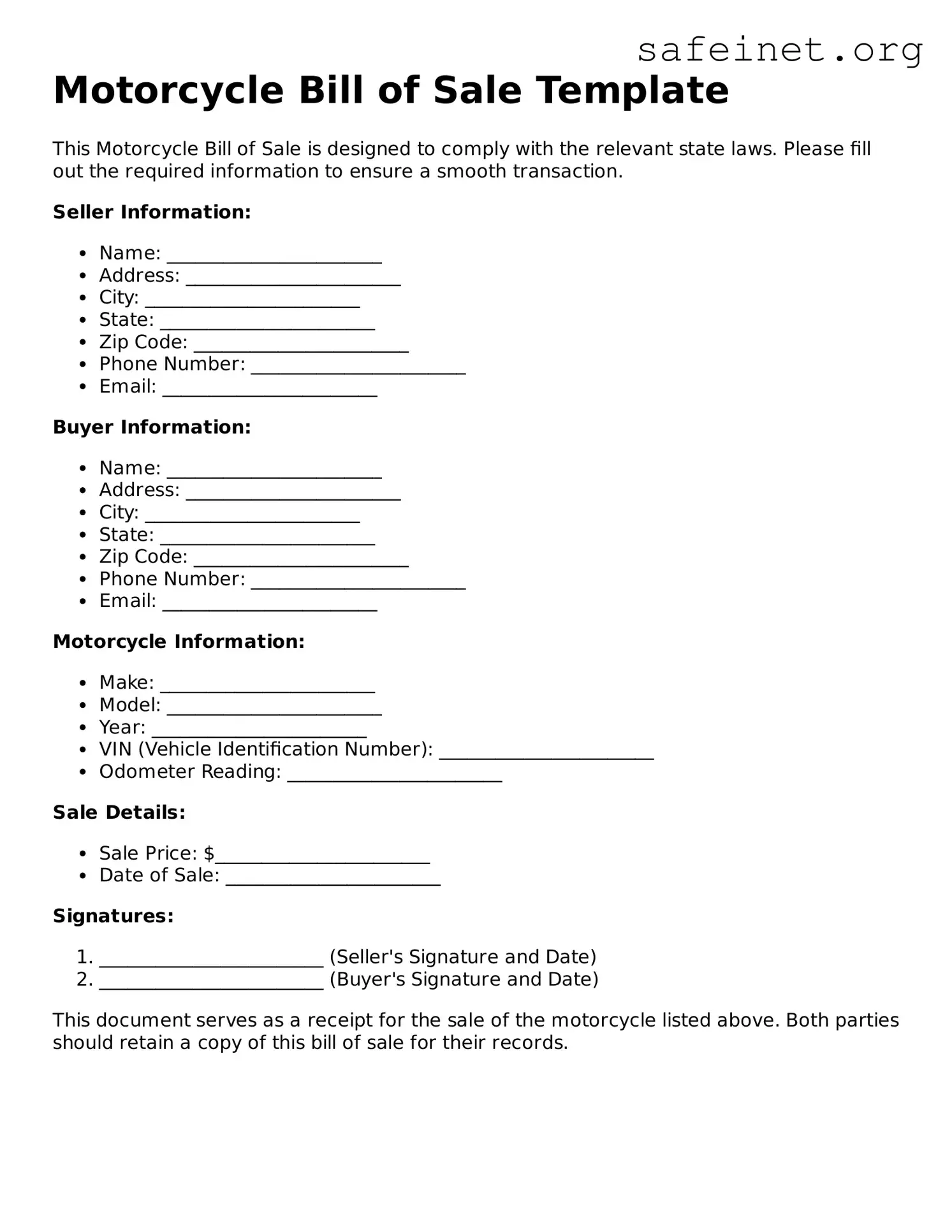 Official Motorcycle Bill of Sale Document