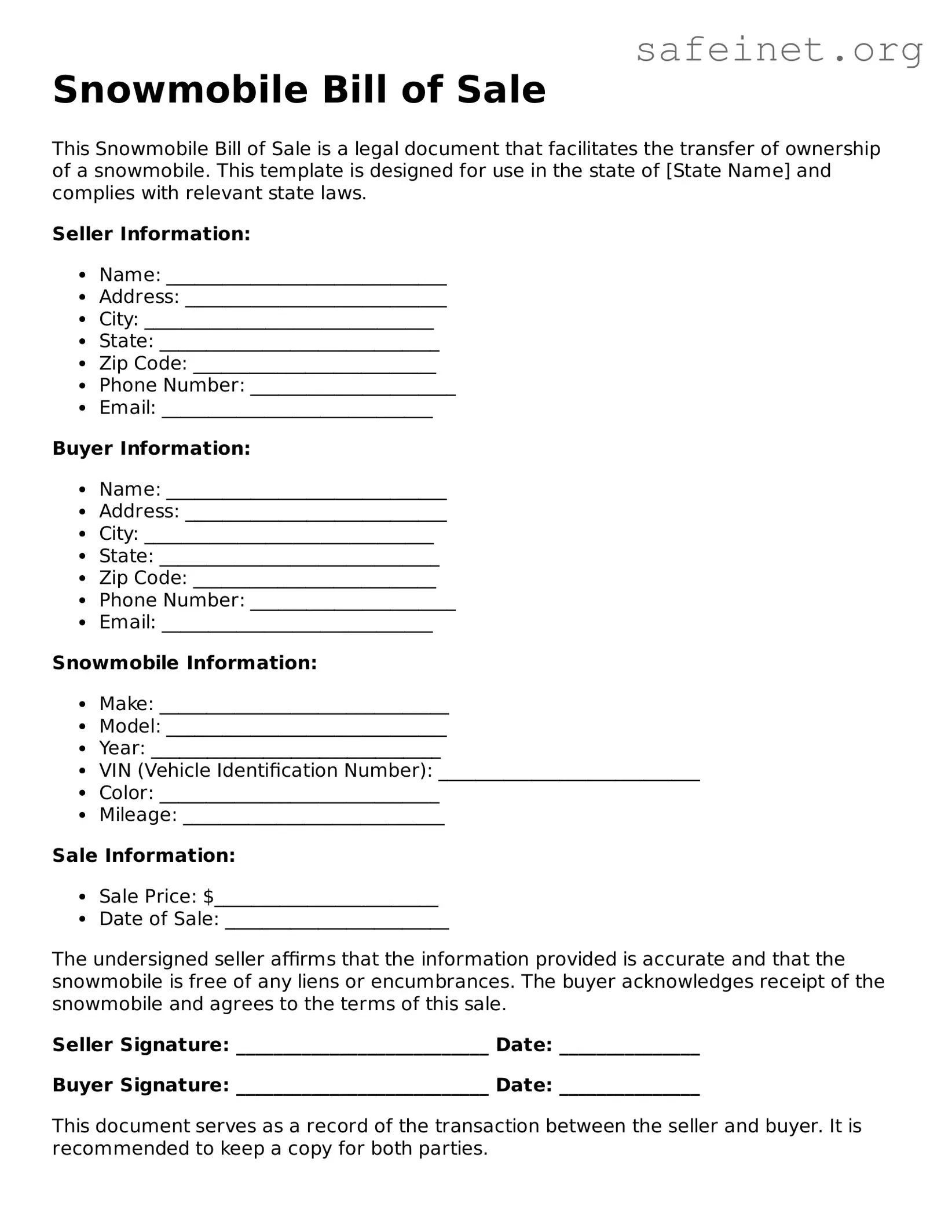 Official Snowmobile Bill of Sale Document