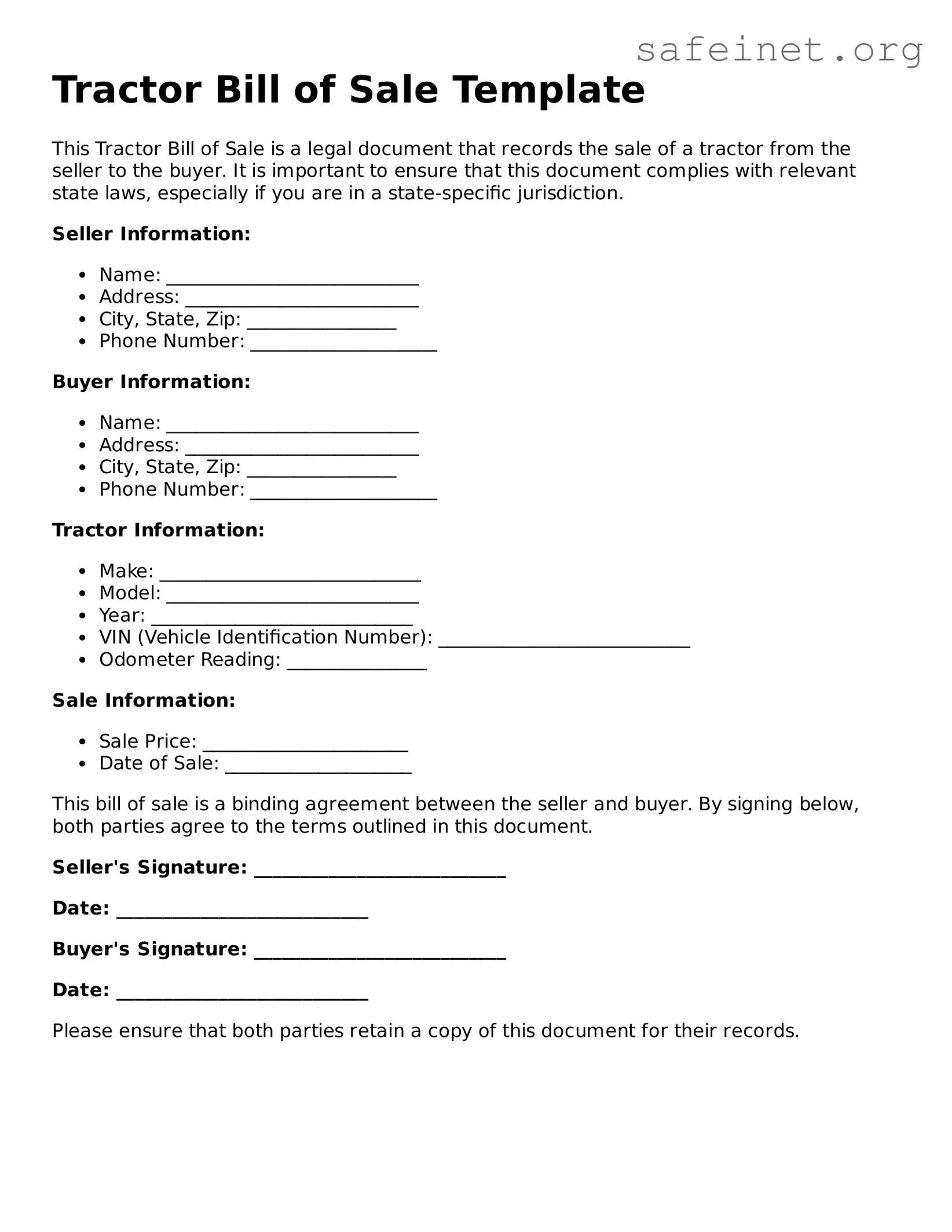 Official Tractor Bill of Sale Document