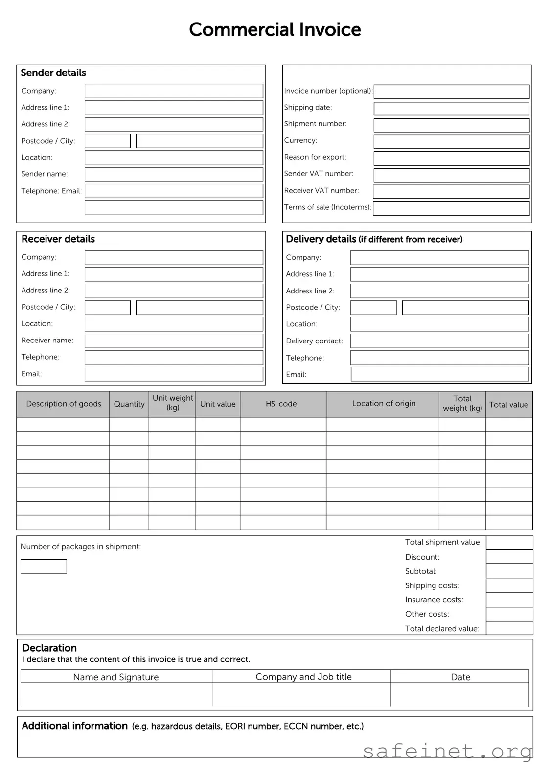 Blank Commercial Invoice Template
