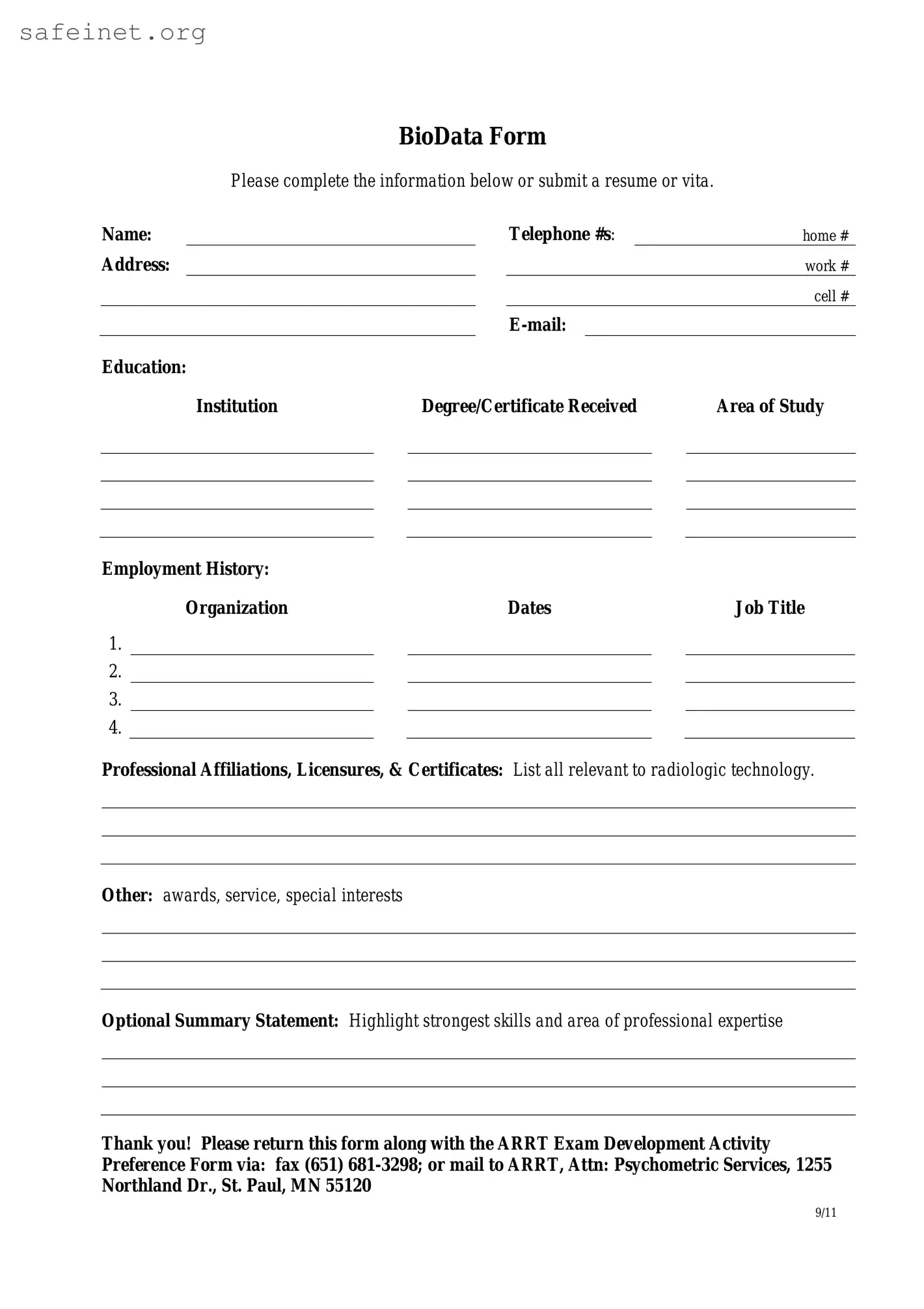 Blank Bio Data Template