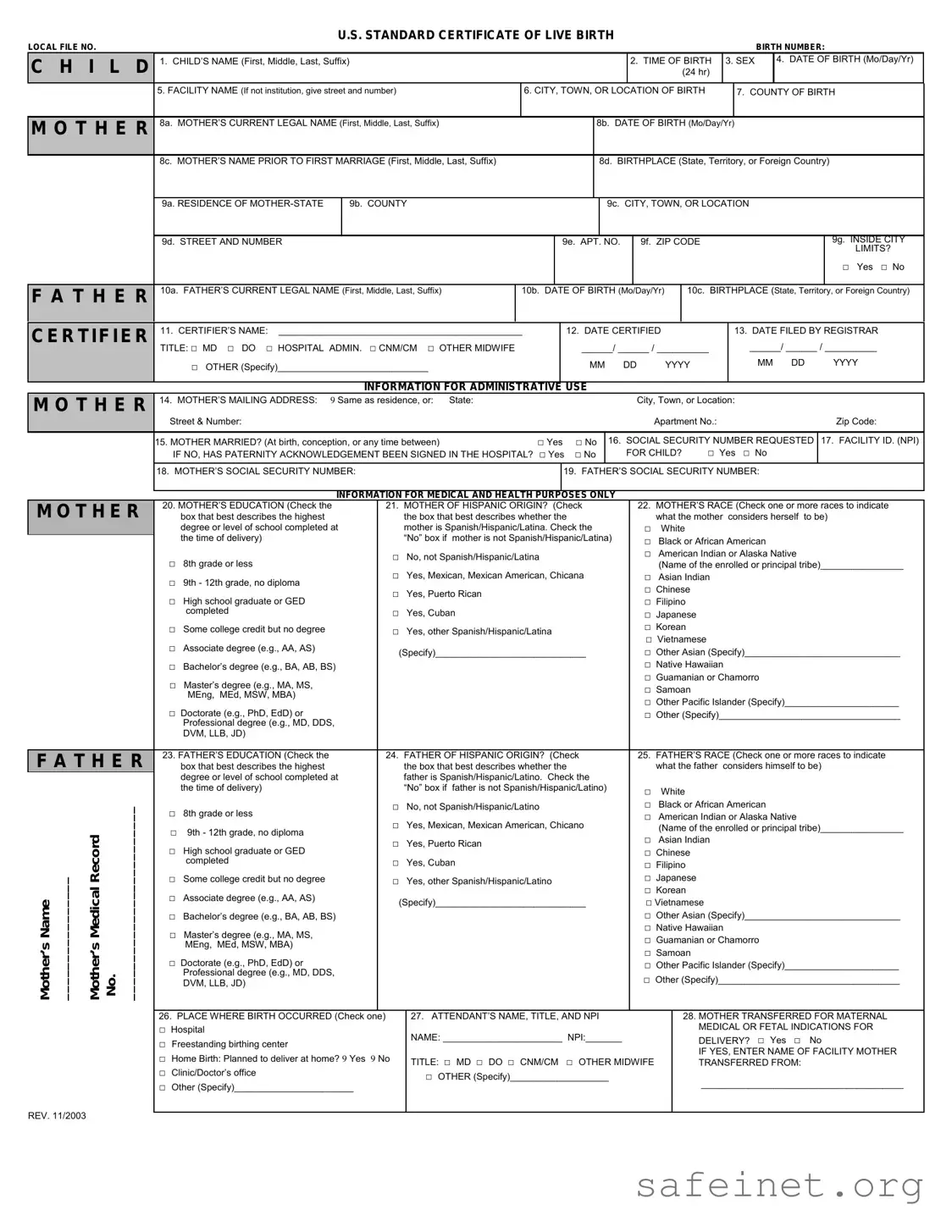 Blank CDC U.S. Standard Certificate of Live Birth Template