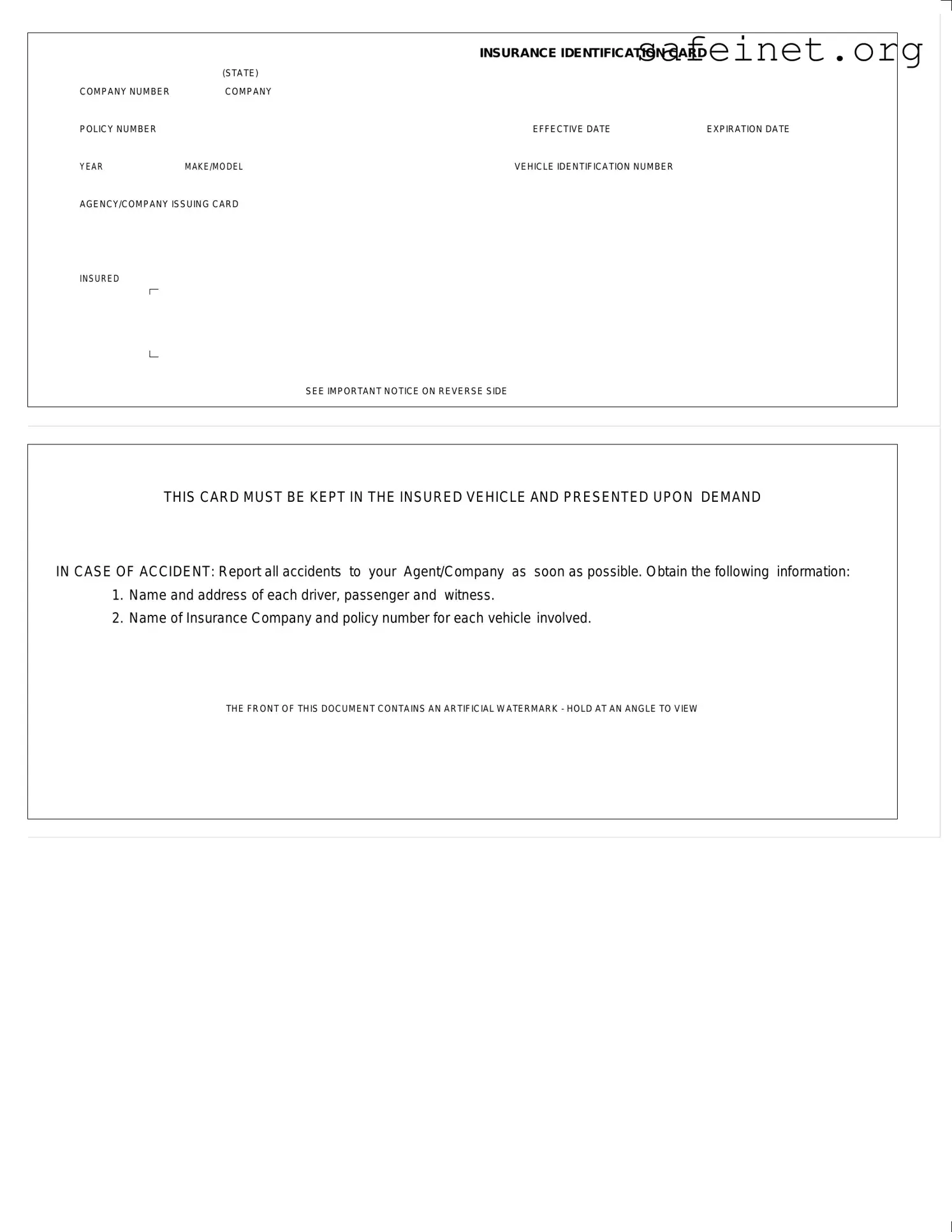 Blank Auto Insurance Card Template