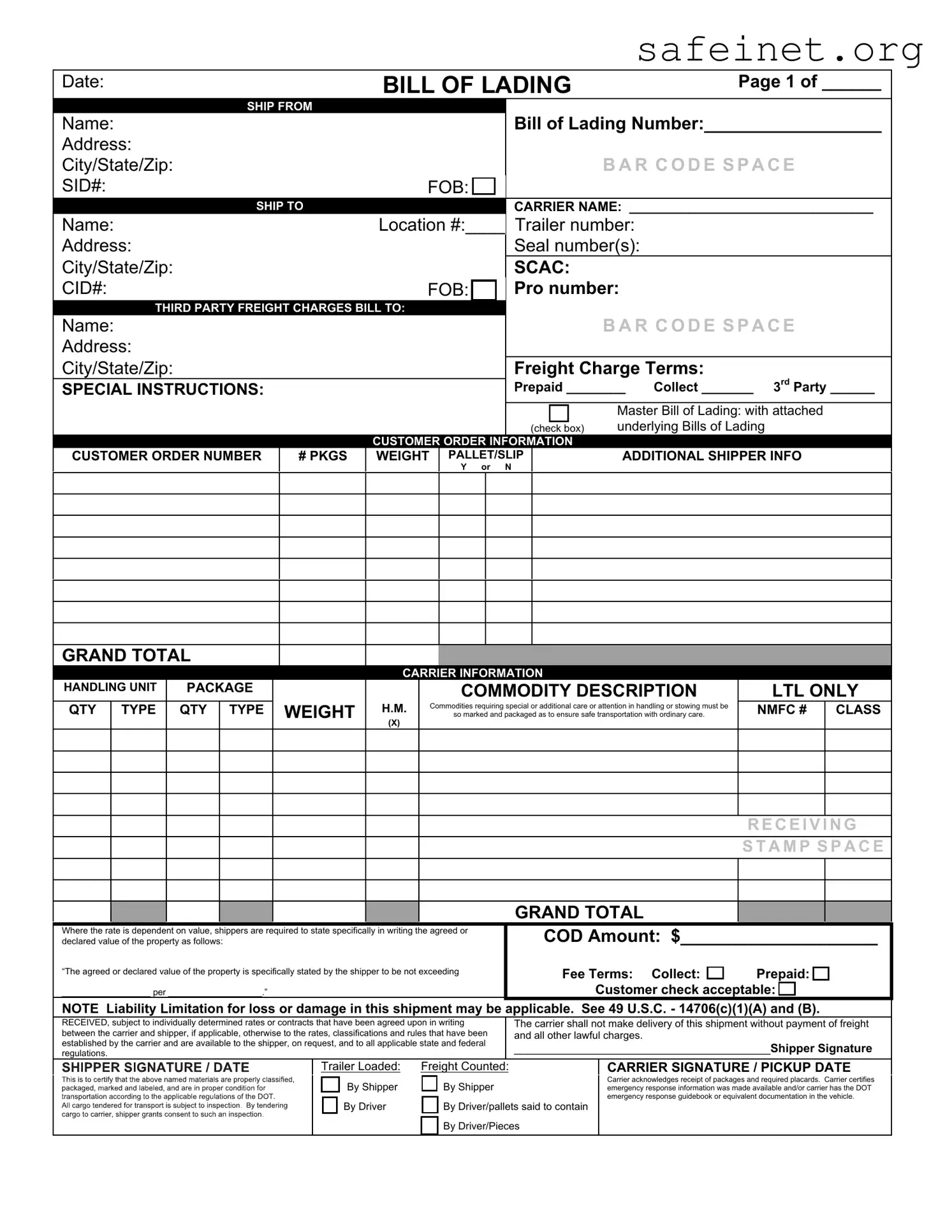 Blank Bill of Lading with a Supplement Template