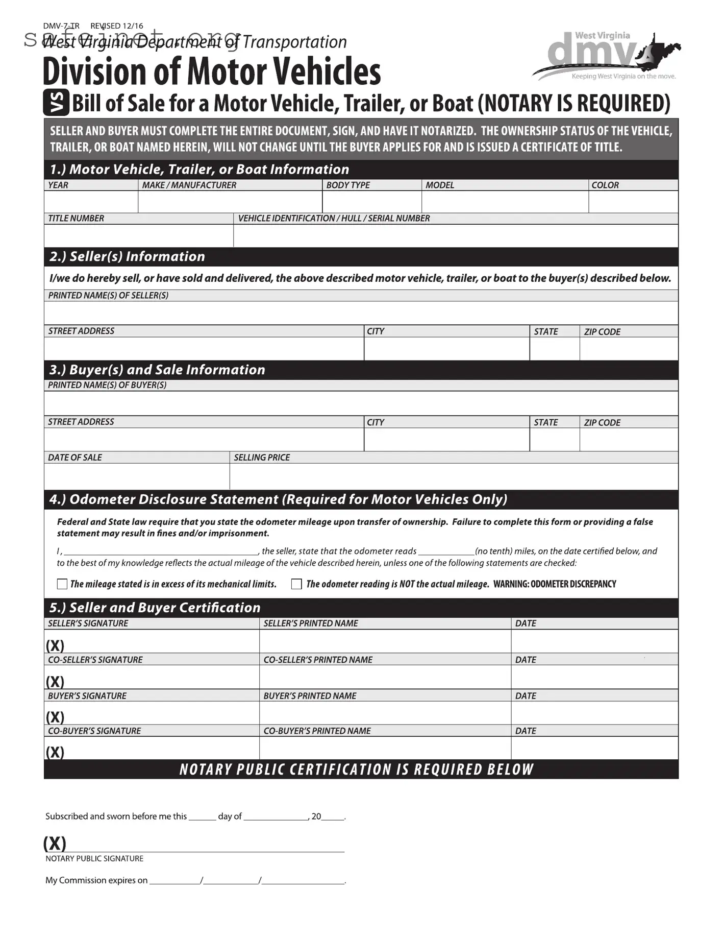 Blank BOS DMV-7-TR Template