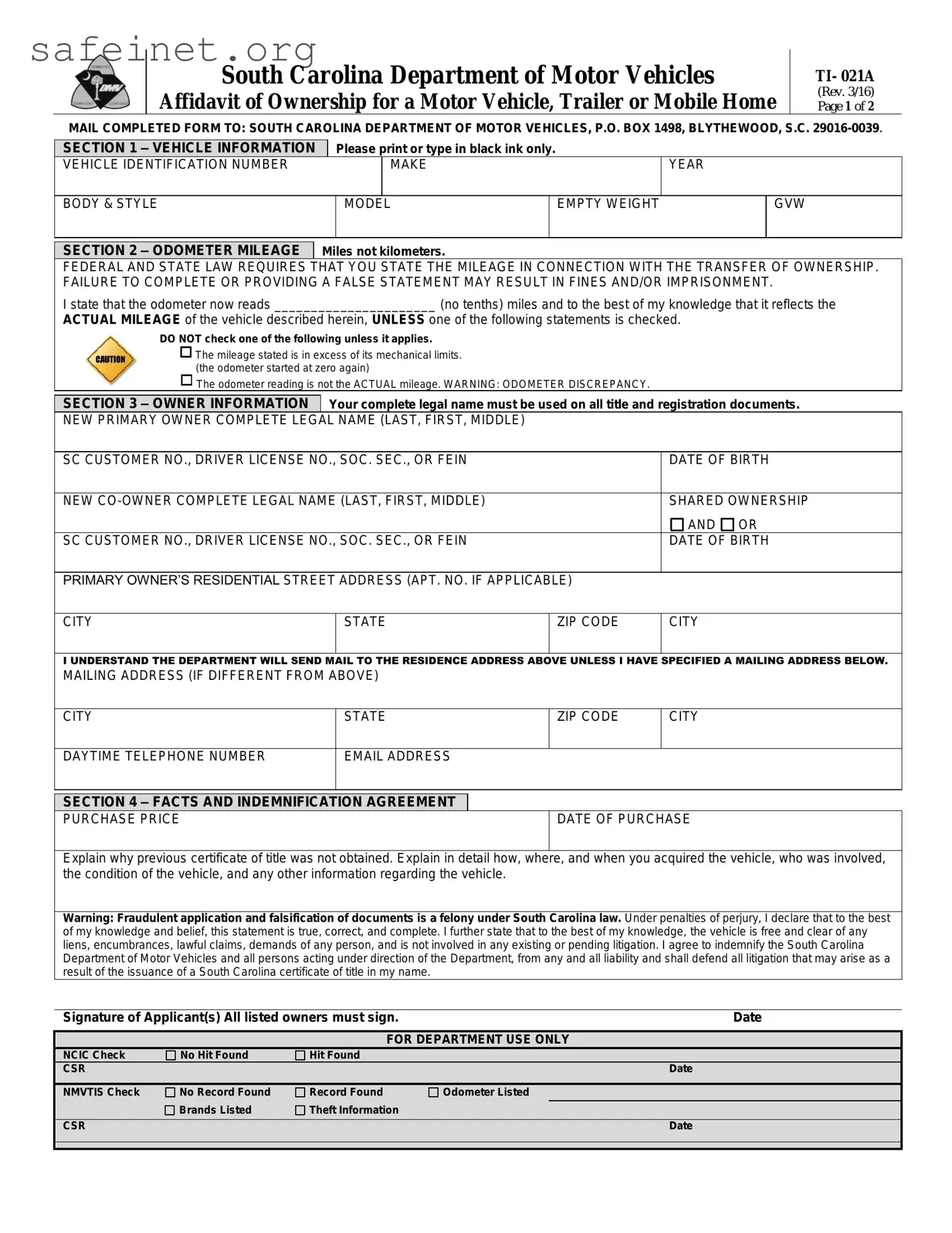 Blank BOS TI-021A Template