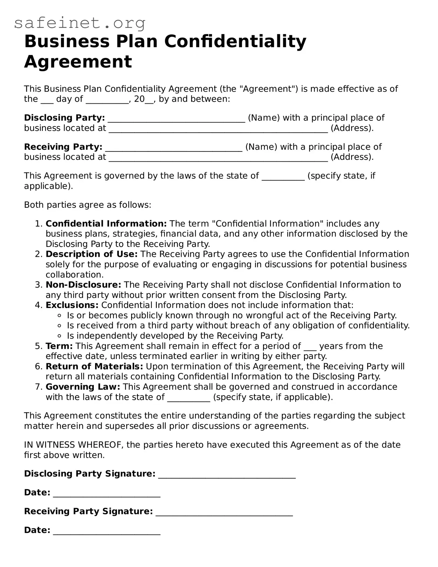 Official Business Plan Confidentiality Agreement Document