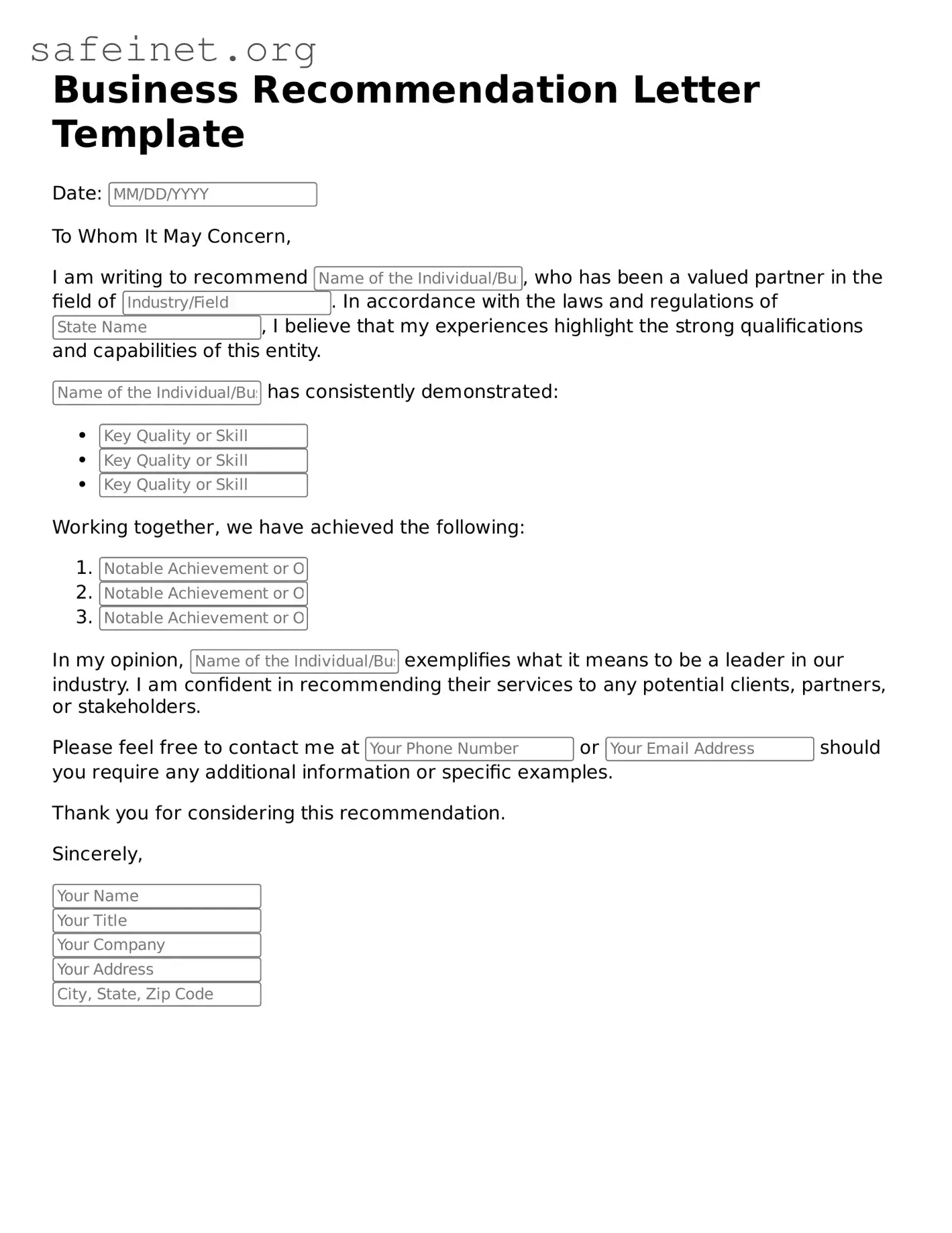 Official Business Recommendation Letter Document