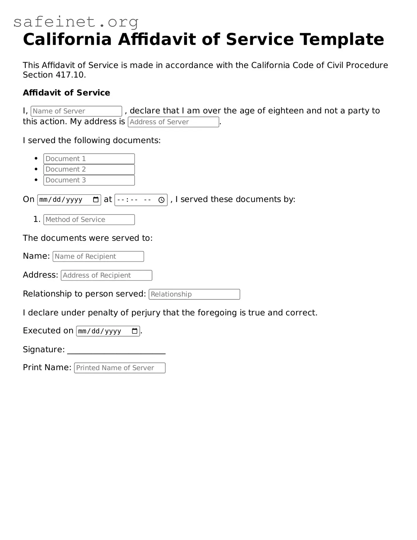 Valid Affidavit of Service Template for the State of California