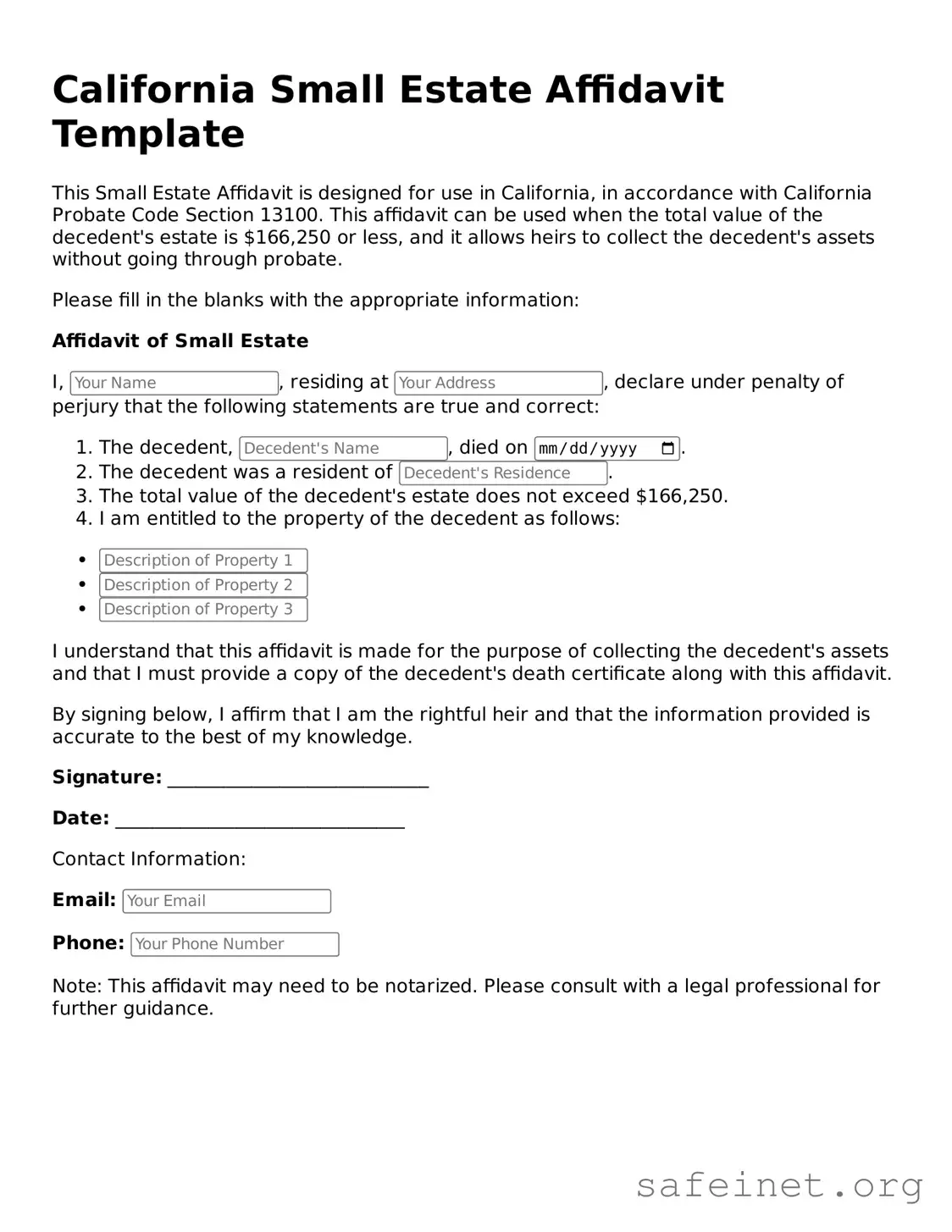 Valid Small Estate Affidavit Template for the State of California