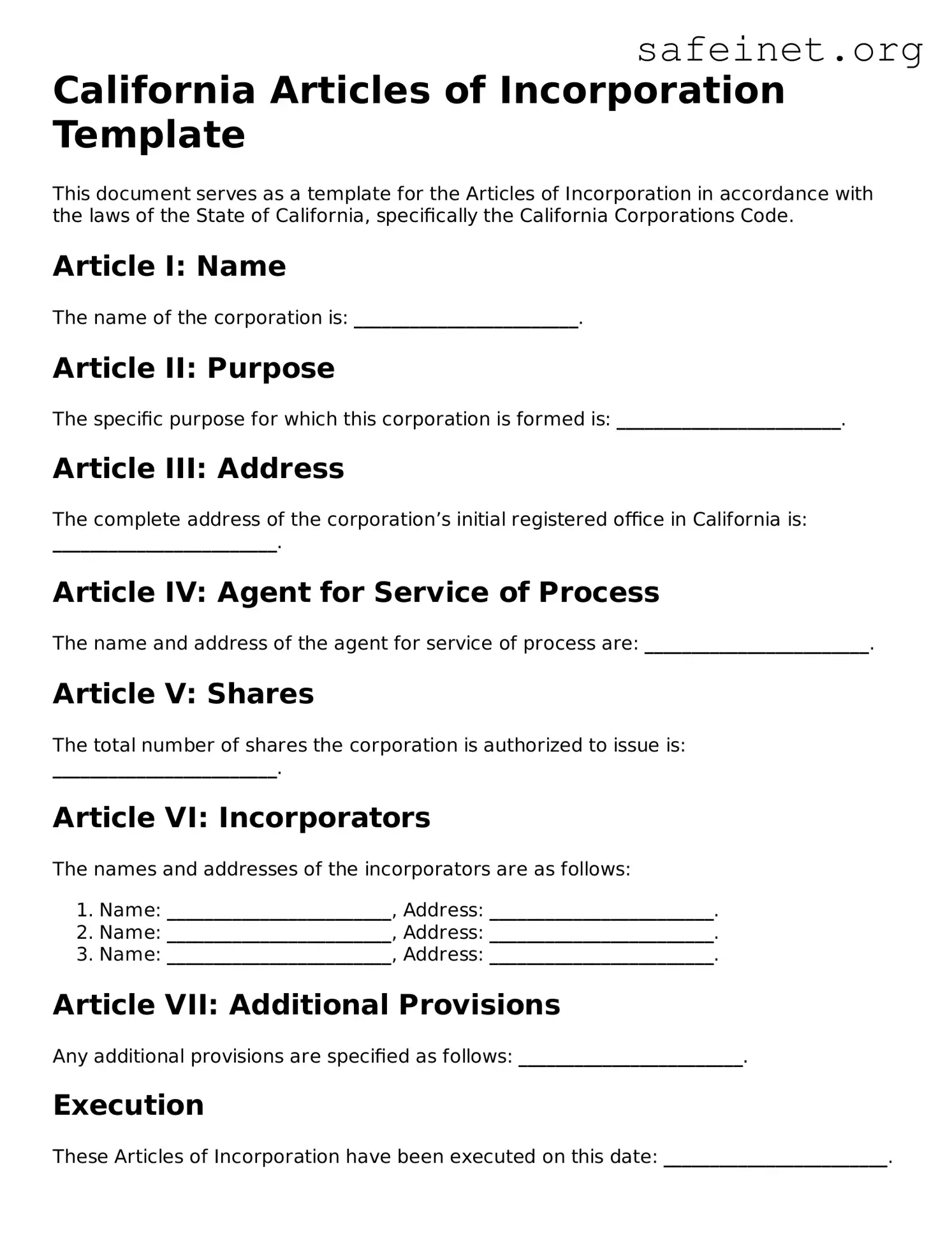 Valid Articles of Incorporation Template for the State of California