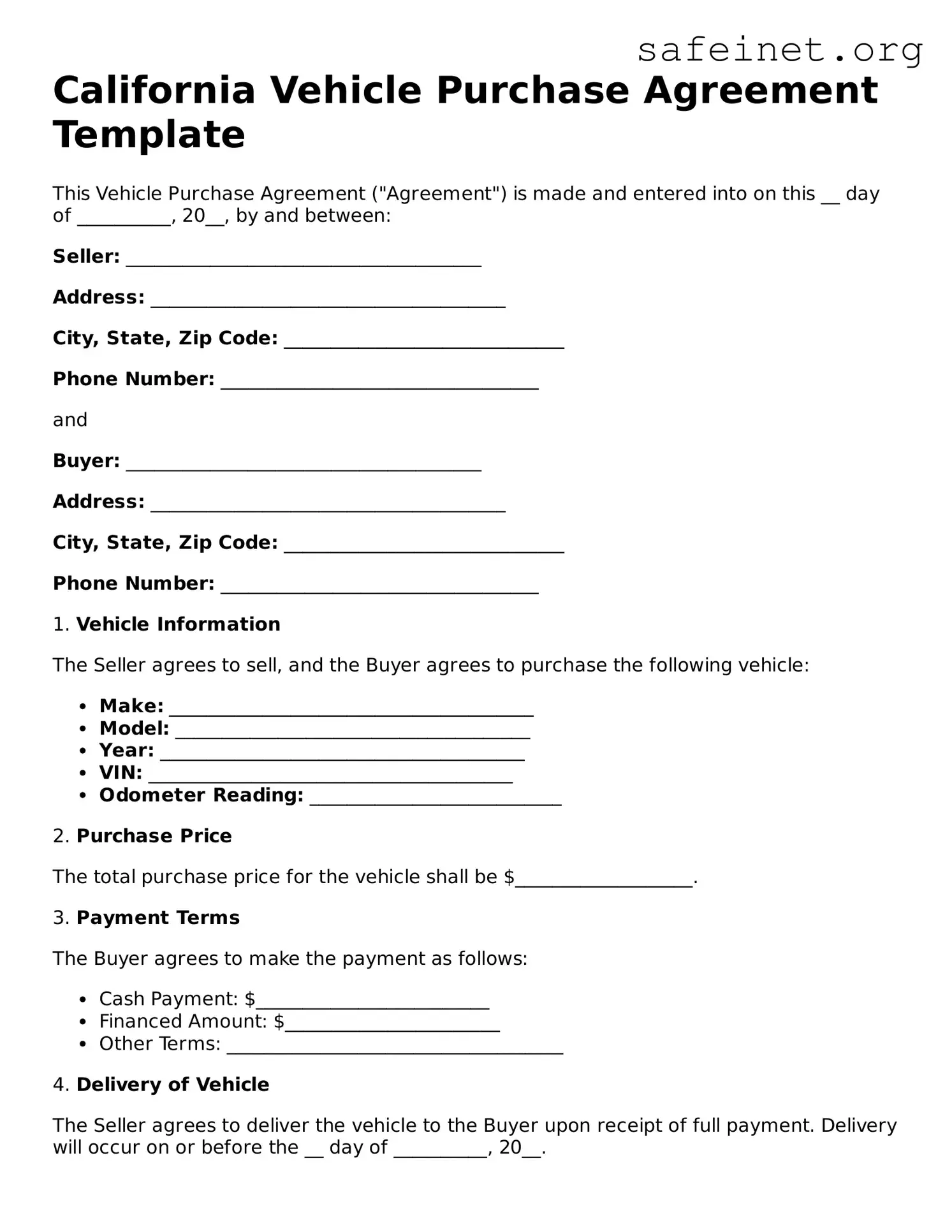 Valid Vehicle Purchase Agreement Template for the State of California