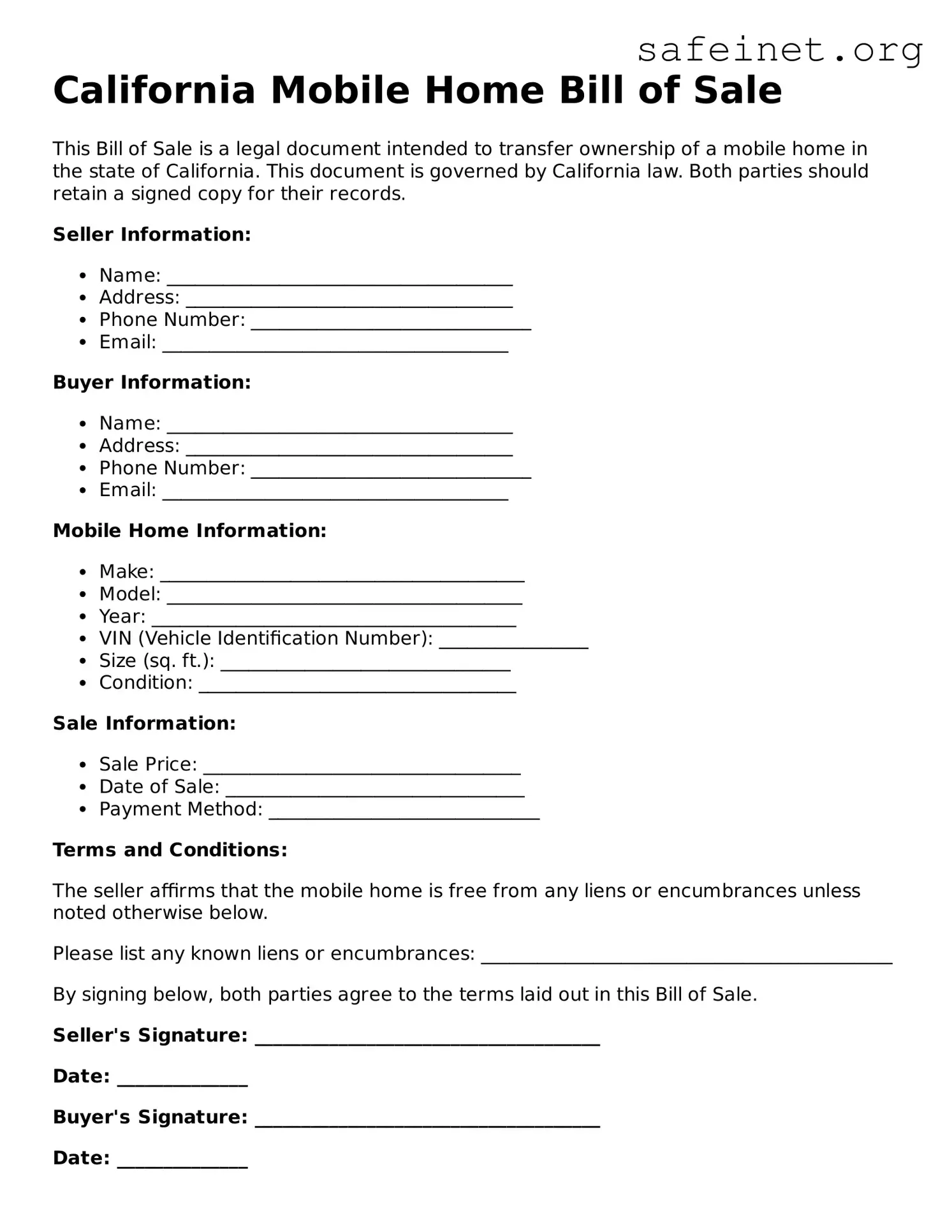 Valid Mobile Home Bill of Sale Template for the State of California