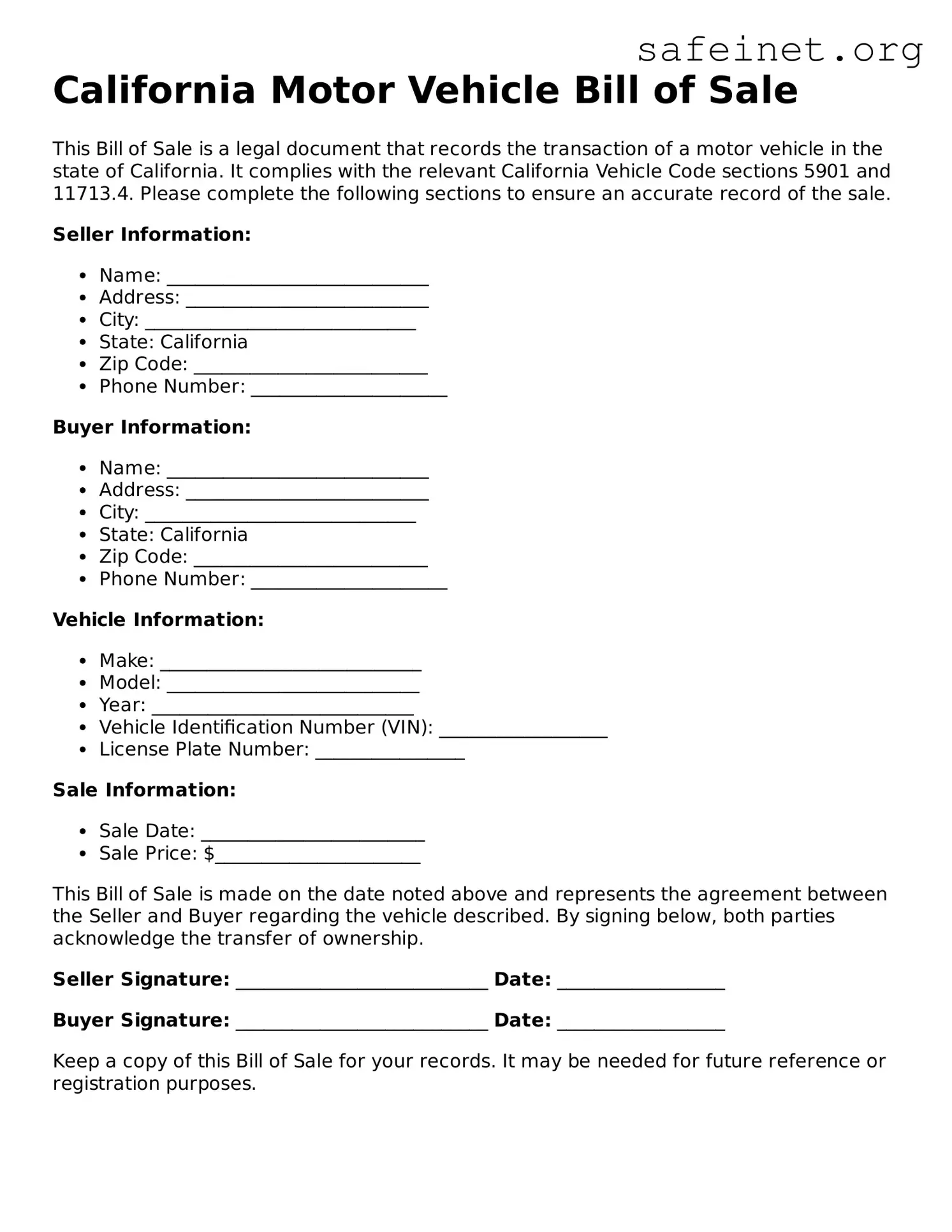 Valid Motor Vehicle Bill of Sale Template for the State of California