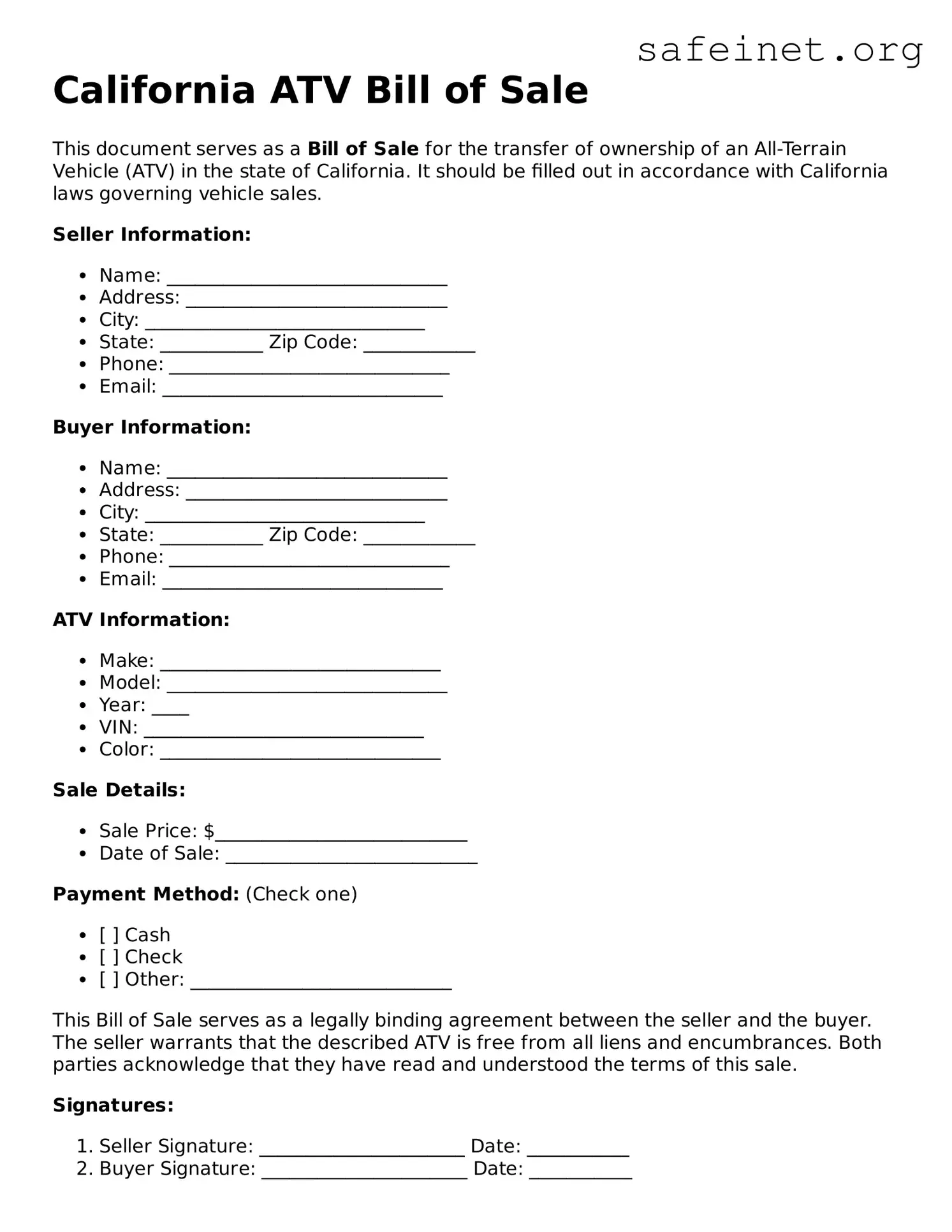 Valid ATV Bill of Sale Template for the State of California