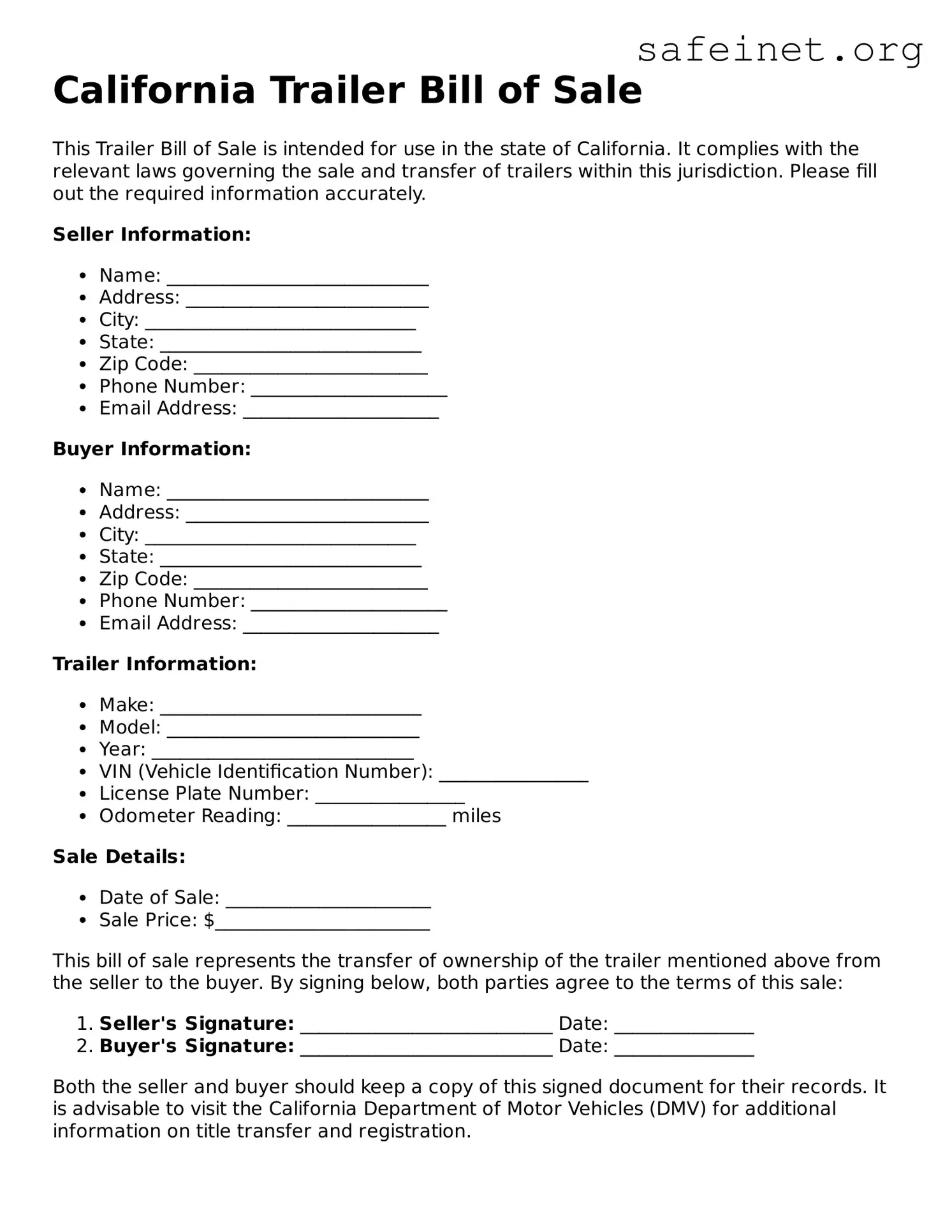 Valid Trailer Bill of Sale Template for the State of California