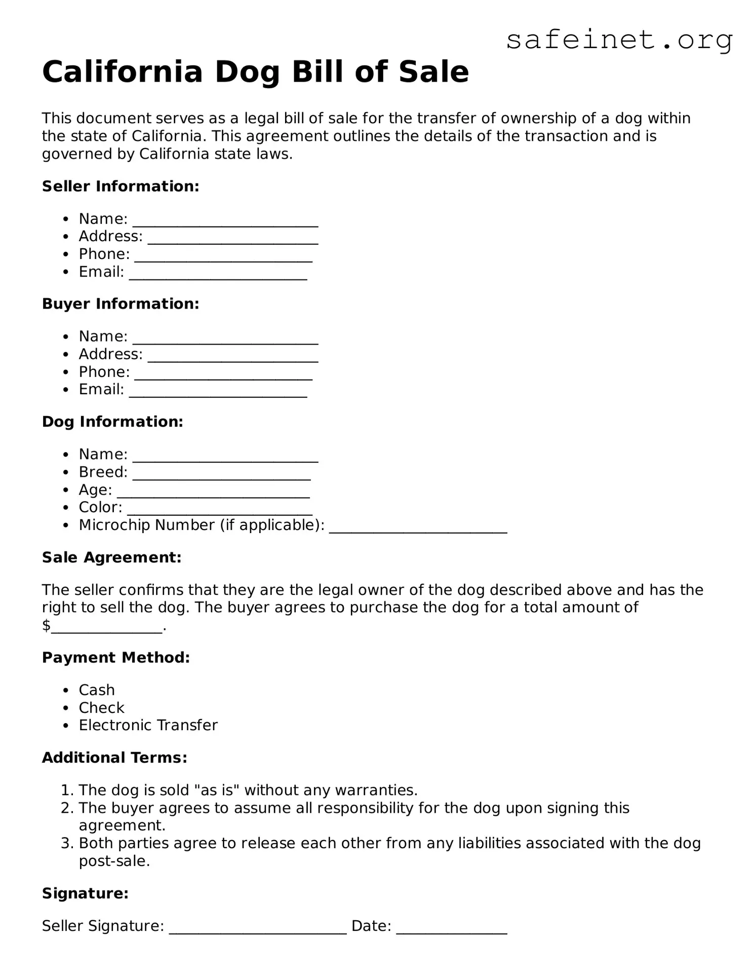 Valid Dog Bill of Sale Template for the State of California