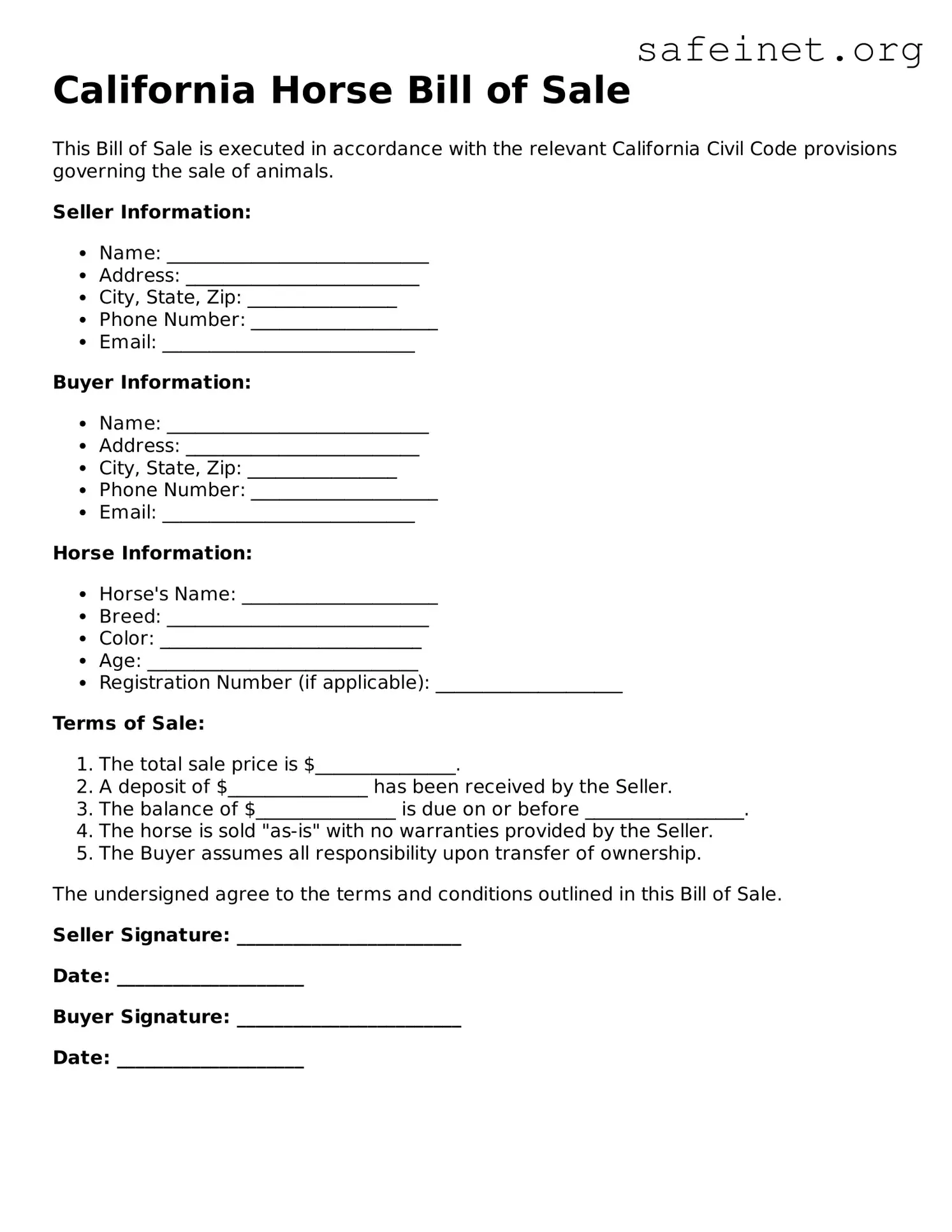 Valid Horse Bill of Sale Template for the State of California