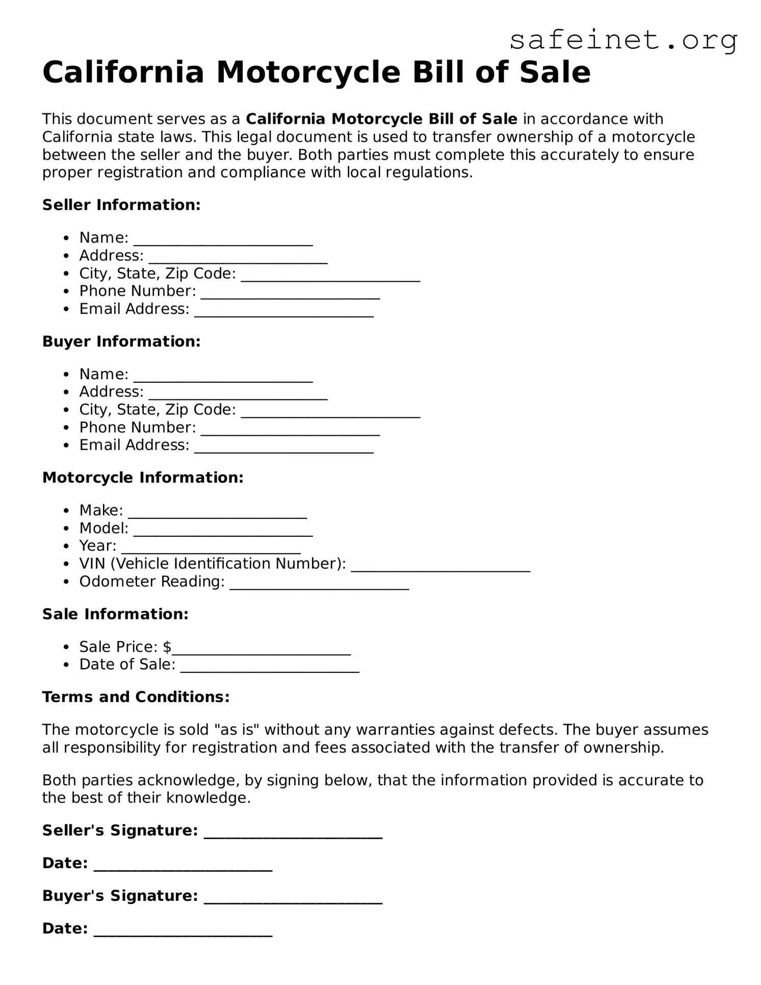 Valid Motorcycle Bill of Sale Template for the State of California
