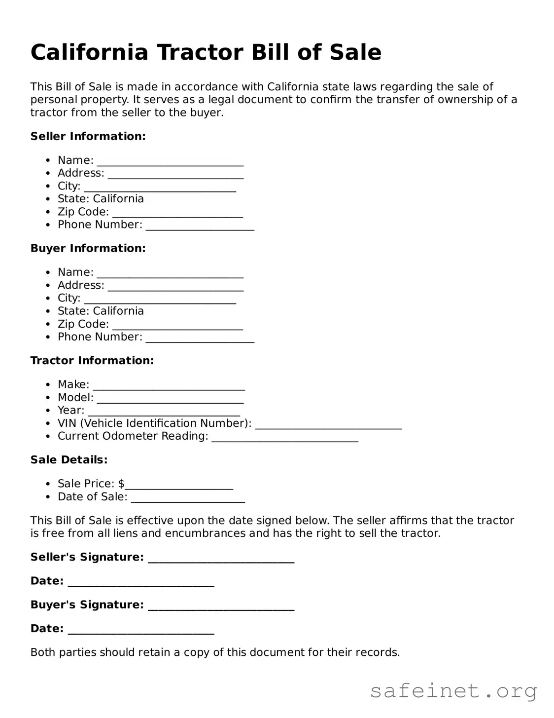 Valid Tractor Bill of Sale Template for the State of California