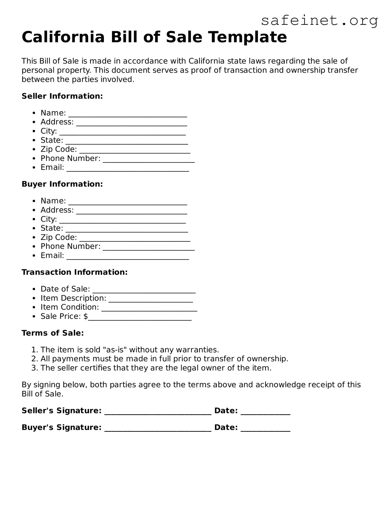 Valid Bill of Sale Template for the State of California