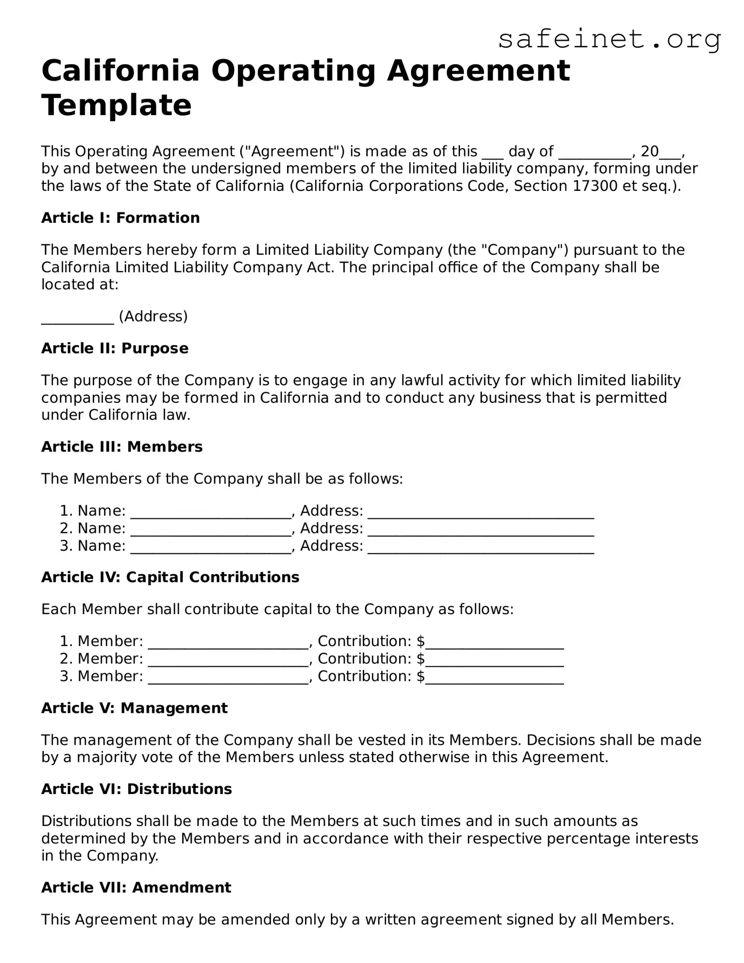 Valid Operating Agreement Template for the State of California