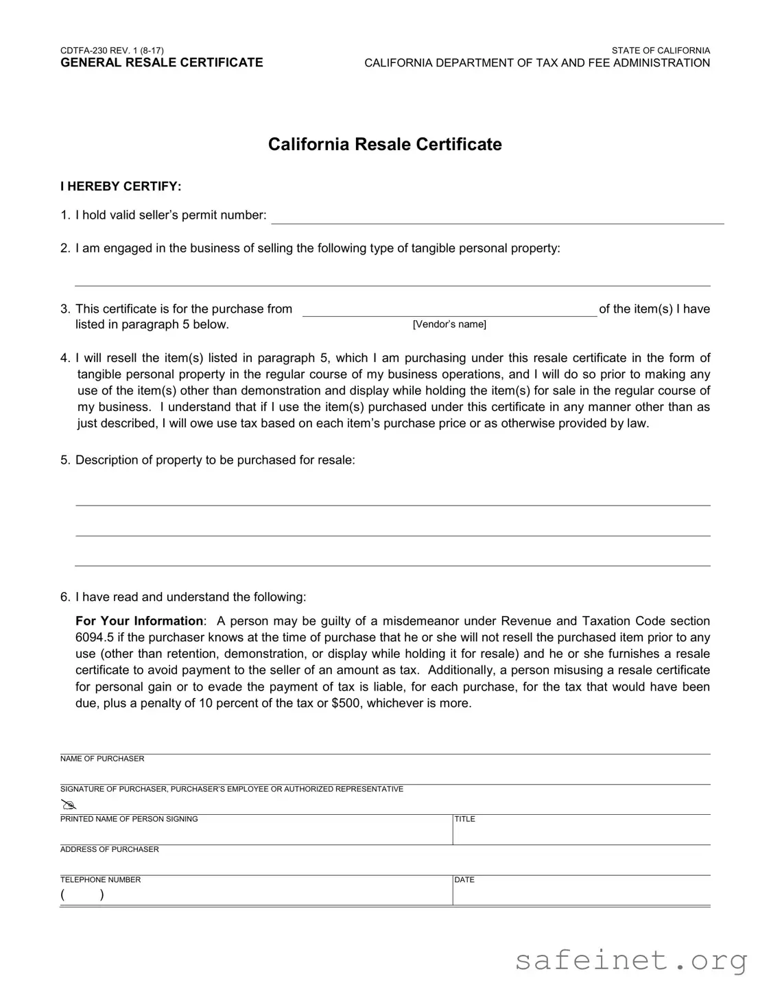 Blank Ca Resale Template