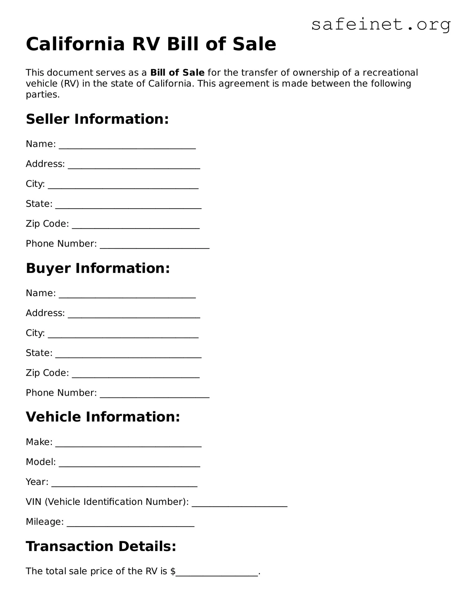 Valid RV Bill of Sale Template for the State of California