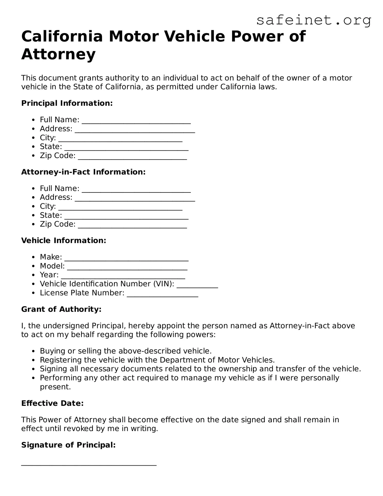 Valid Motor Vehicle Power of Attorney Template for the State of California