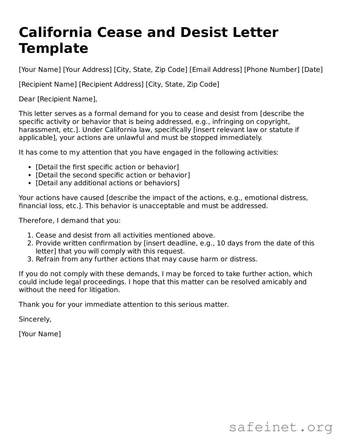 Valid Cease and Desist Letter Template for the State of California
