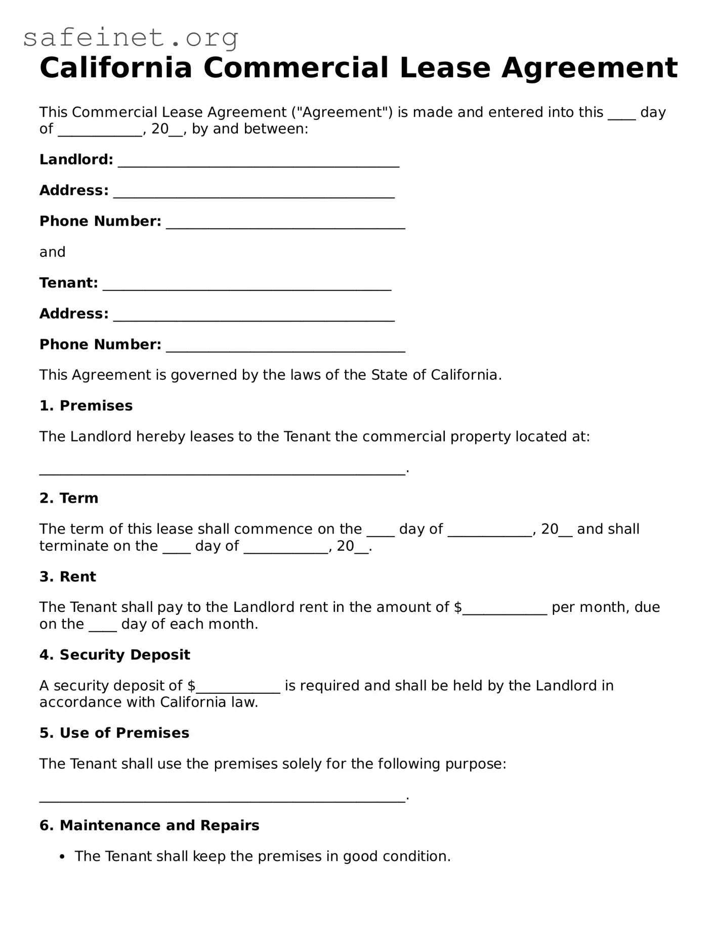 Valid Commercial Lease Agreement Template for the State of California