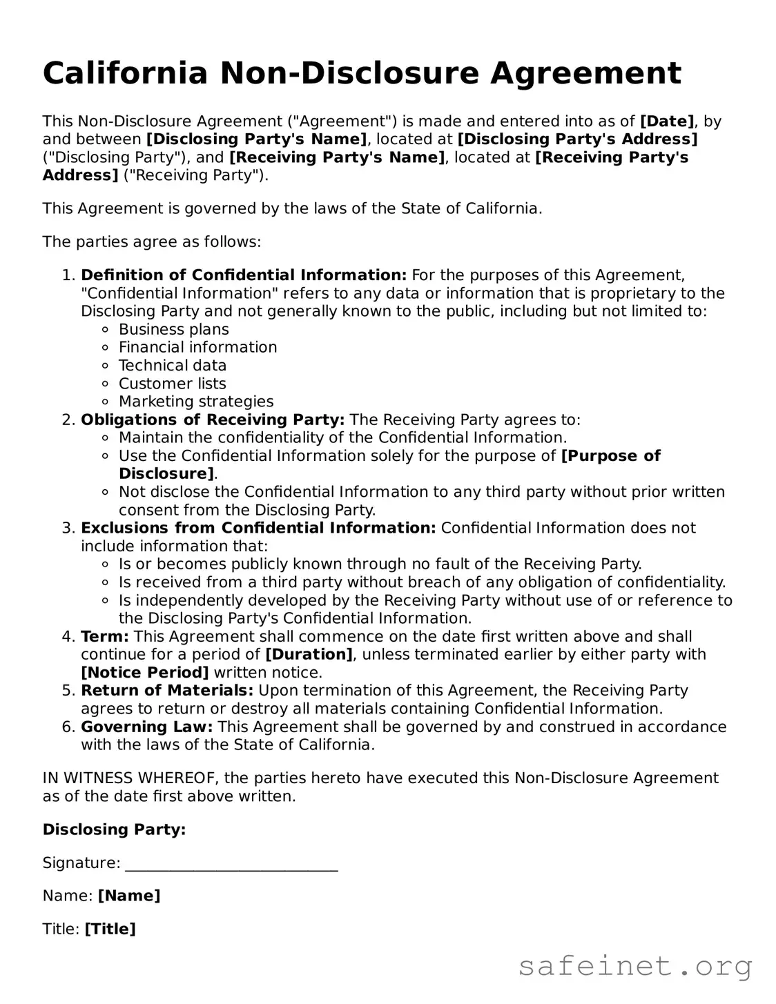 Valid Non-disclosure Agreement Template for the State of California