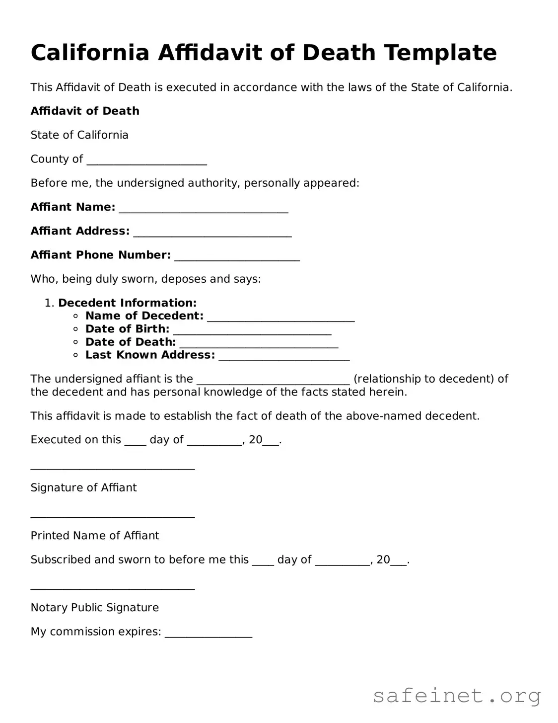 Valid Affidavit of Death Template for the State of California