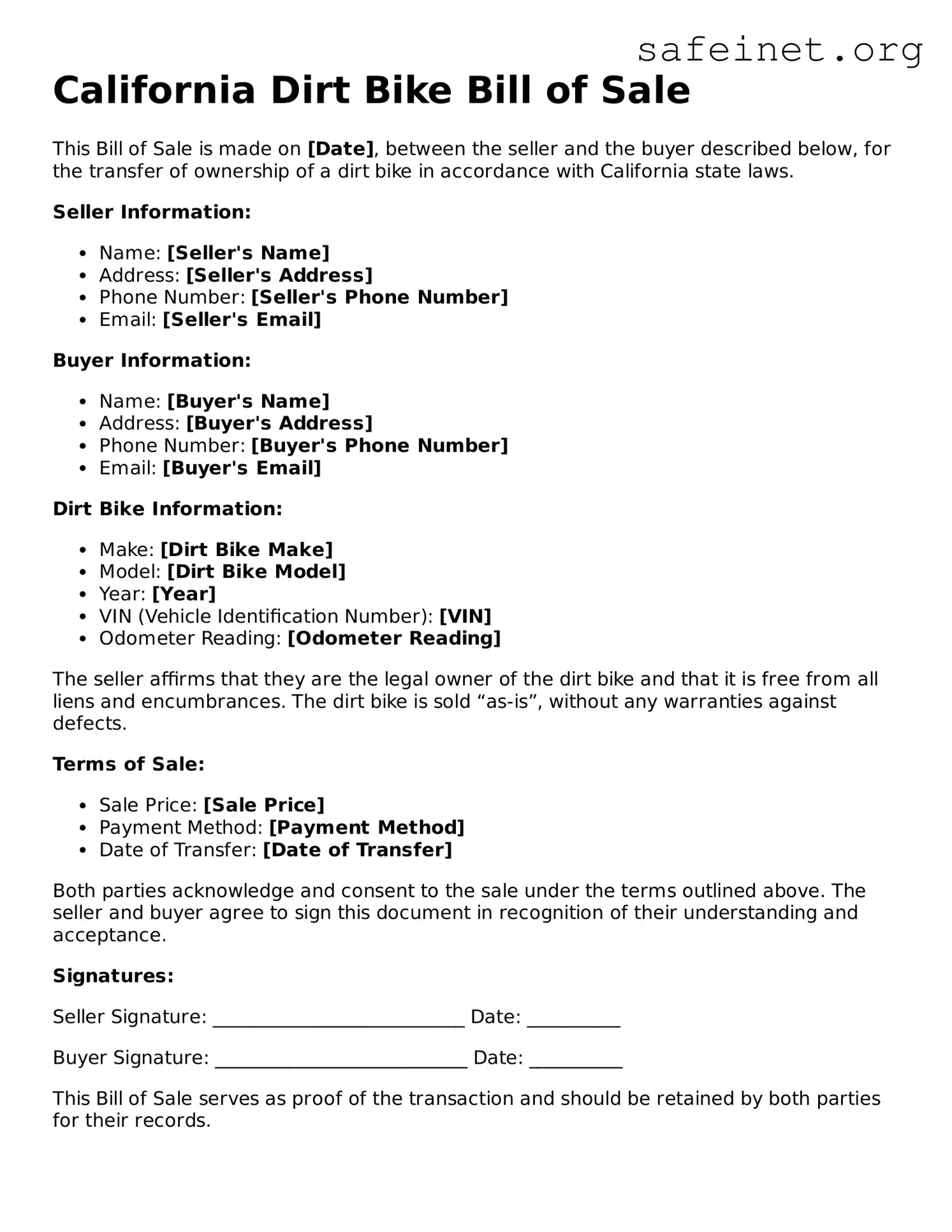 Valid Dirt Bike Bill of Sale Template for the State of California