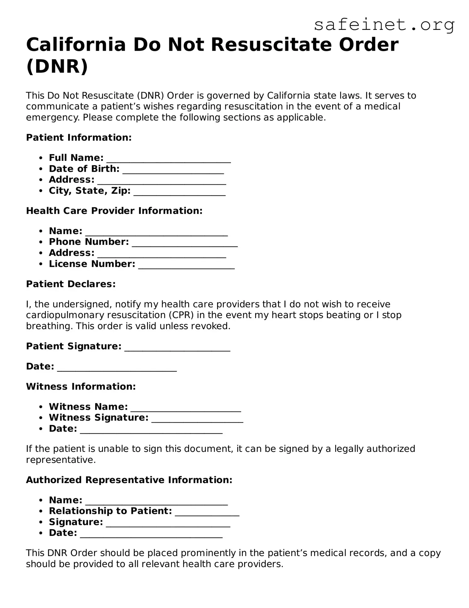Valid Do Not Resuscitate Order Template for the State of California