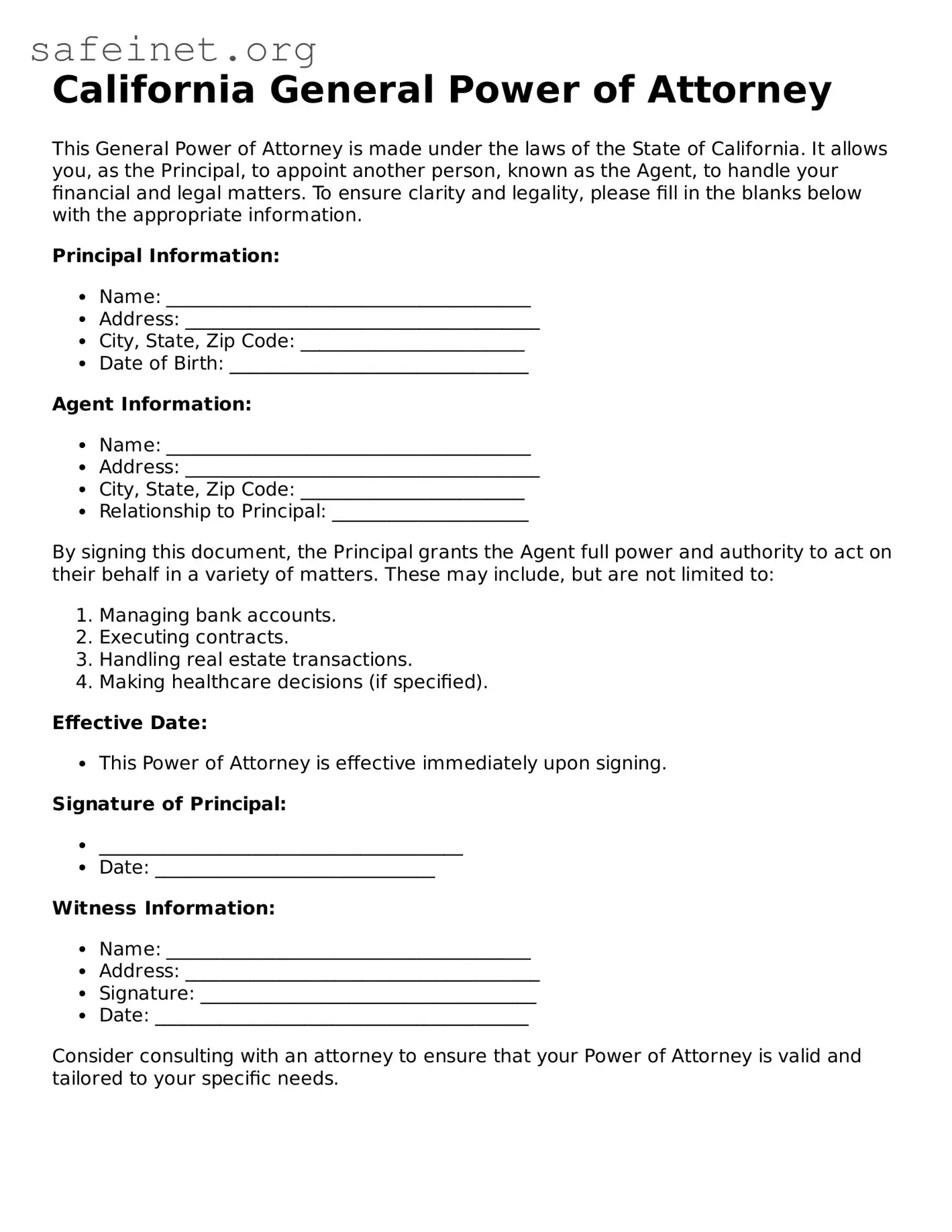 Valid General Power of Attorney Template for the State of California
