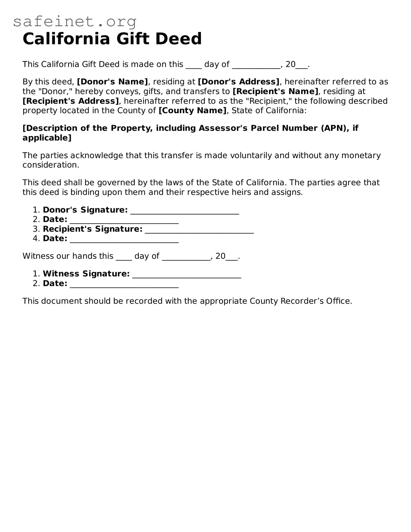 Valid Gift Deed Template for the State of California