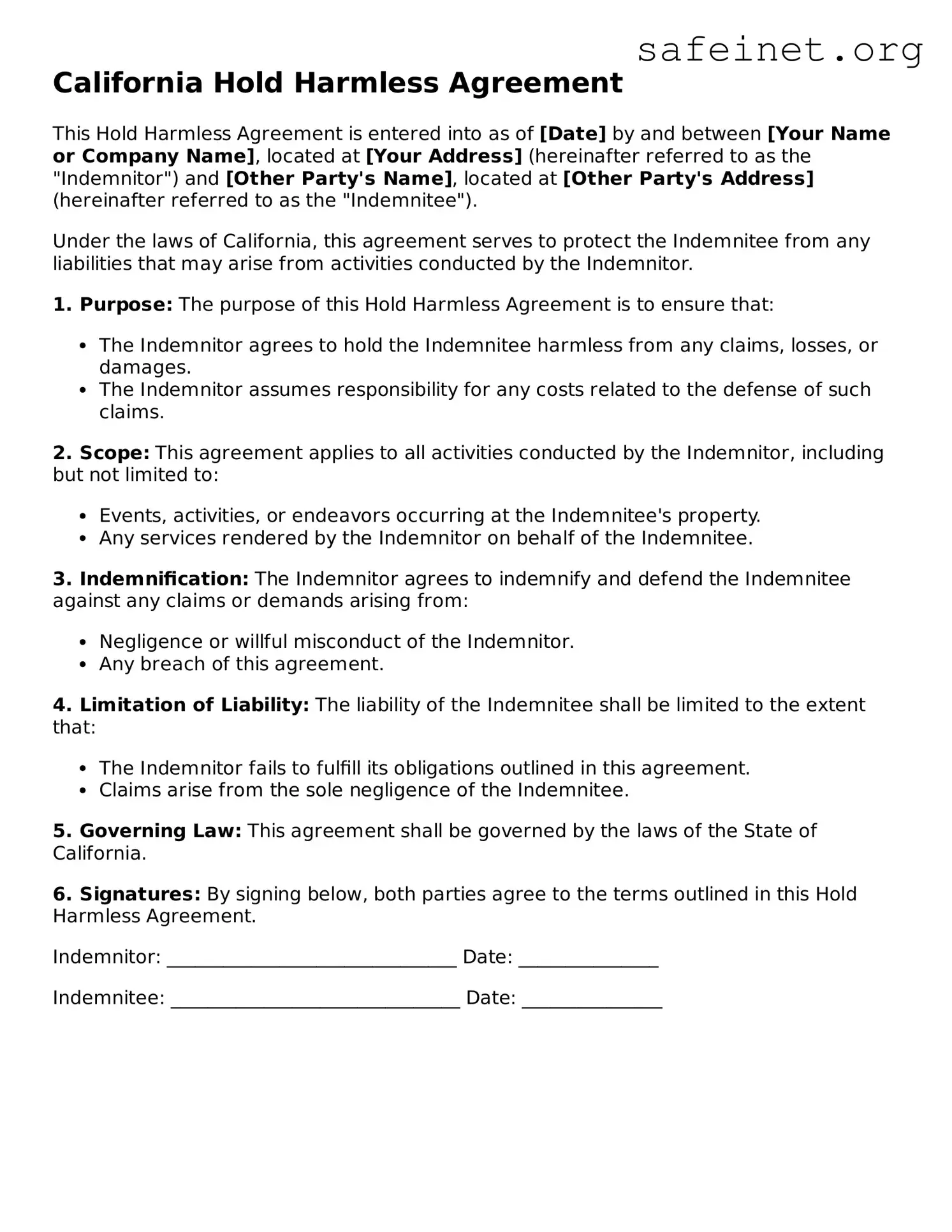Valid Hold Harmless Agreement Template for the State of California