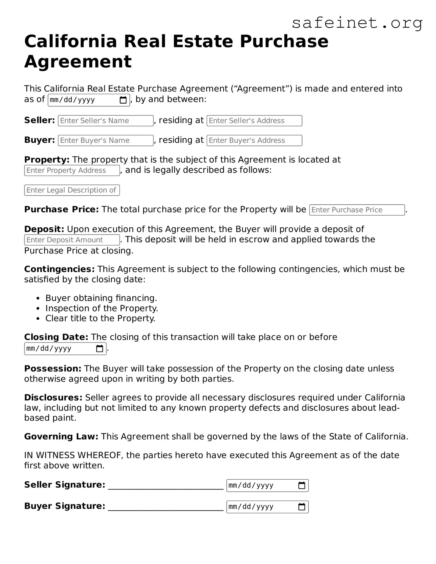 Valid Real Estate Purchase Agreement Template for the State of California