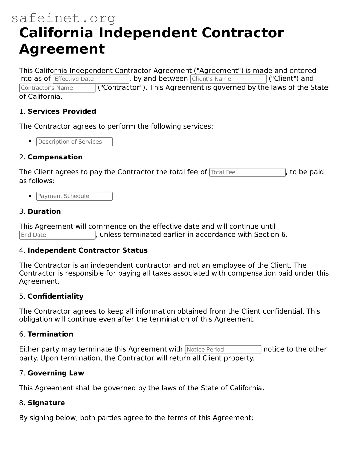 Valid Independent Contractor Agreement Template for the State of California