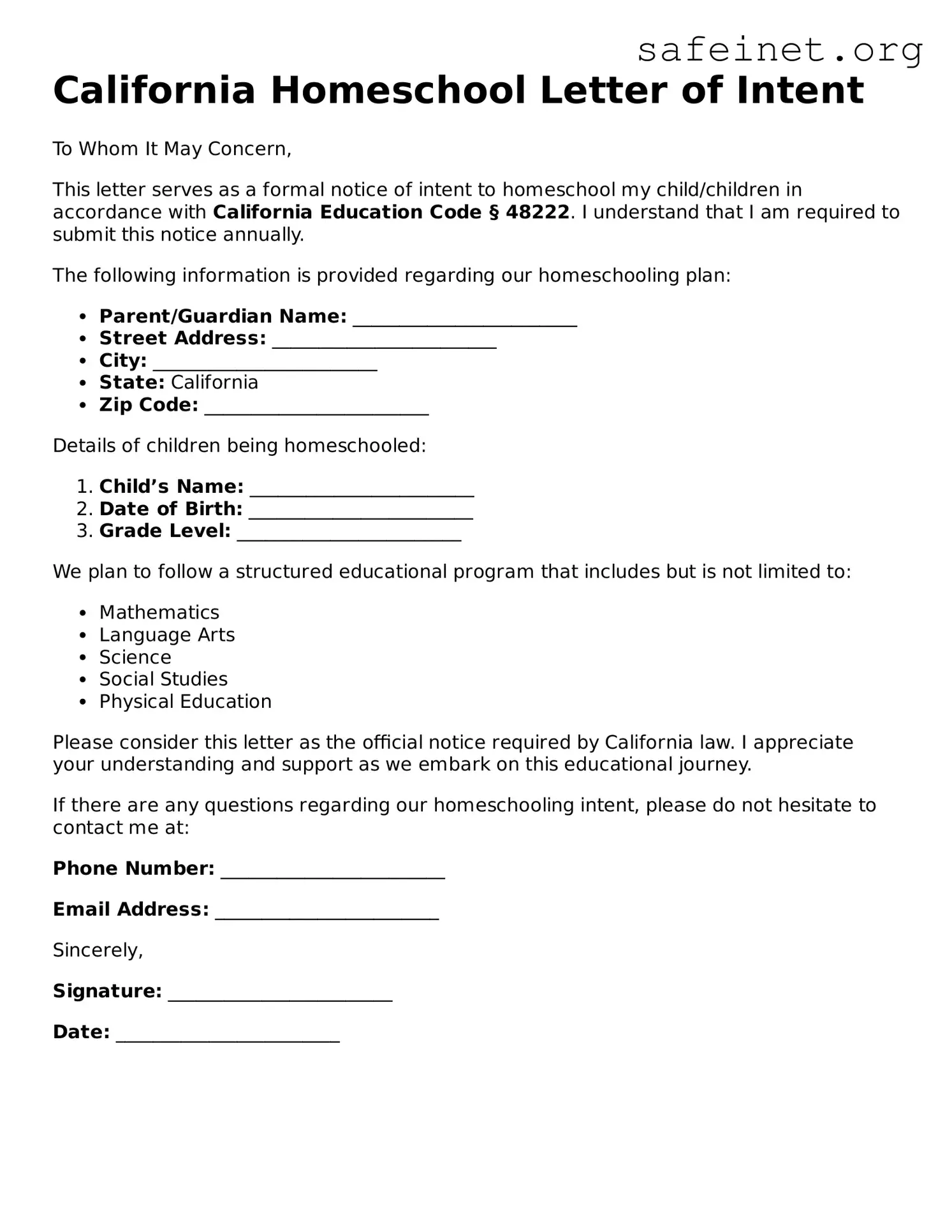 Valid Homeschool Letter of Intent Template for the State of California