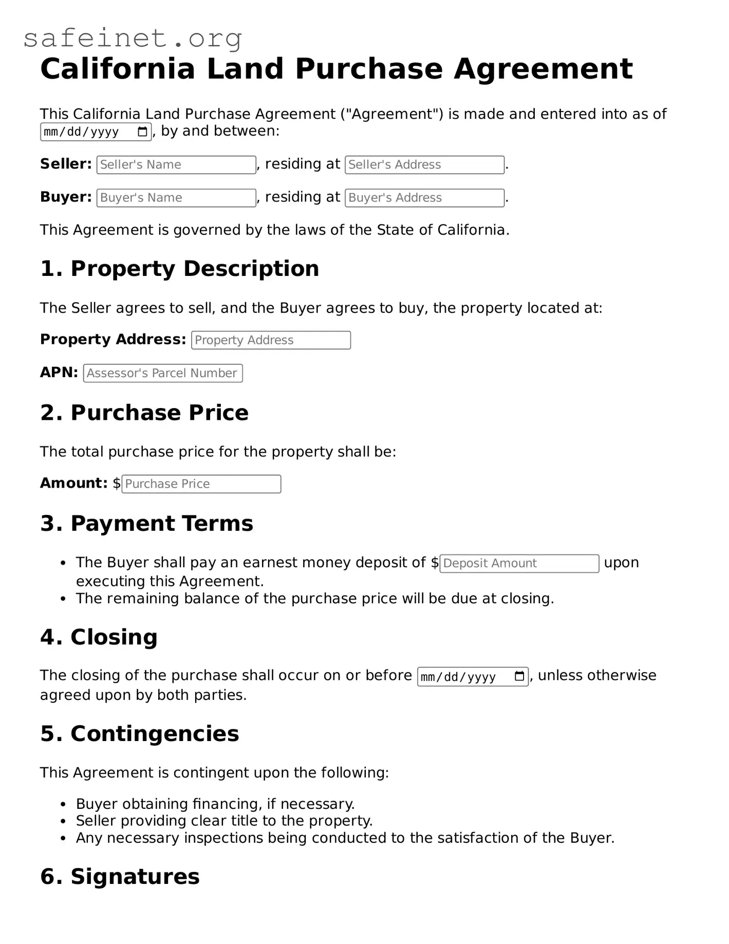 Valid Land Purchase Agreement Template for the State of California